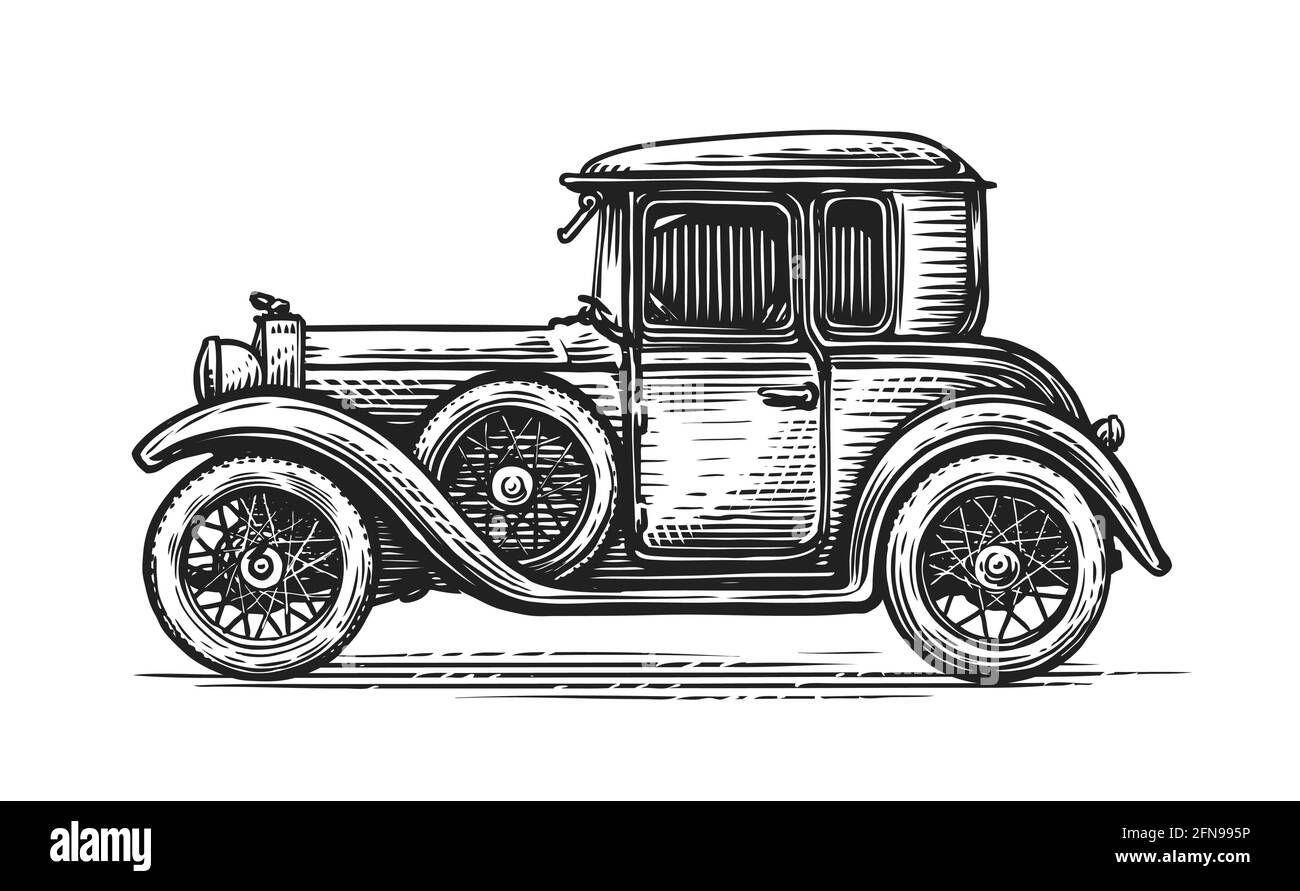 Voiture rétro dessinée dans le style de gravure. Véhicule d'époque, illustration vecteur de transport Illustration de Vecteur
