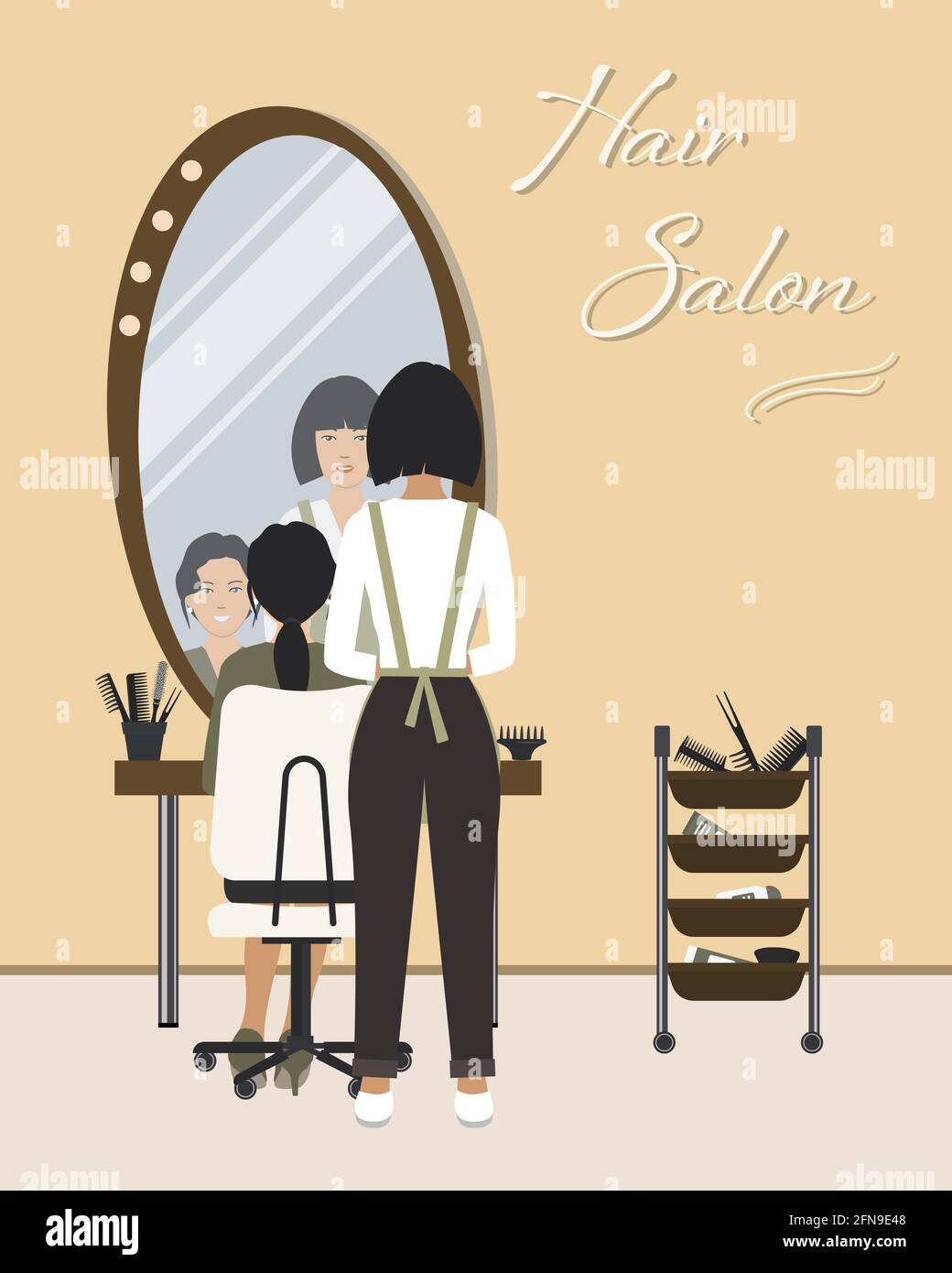 Salon de coiffure sur le lieu de travail. Il y a aussi une jeune cliente dans le salon de coiffure. Il y a une table, une chaise, un miroir dans le moi Illustration de Vecteur