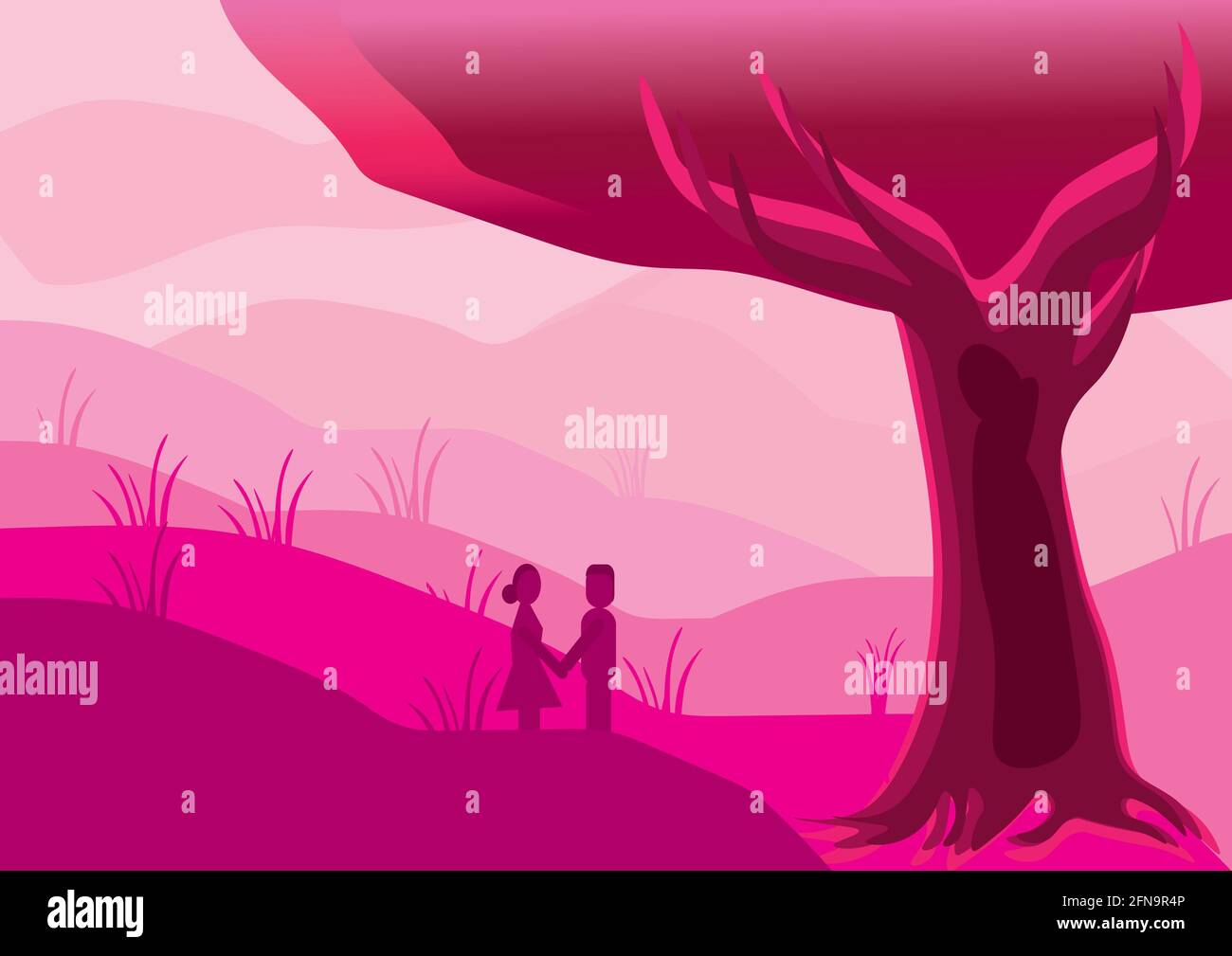 fond d'illustrateur de couleur rose sur le thème de l'amour. Couple tenant ensemble. Banque D'Images