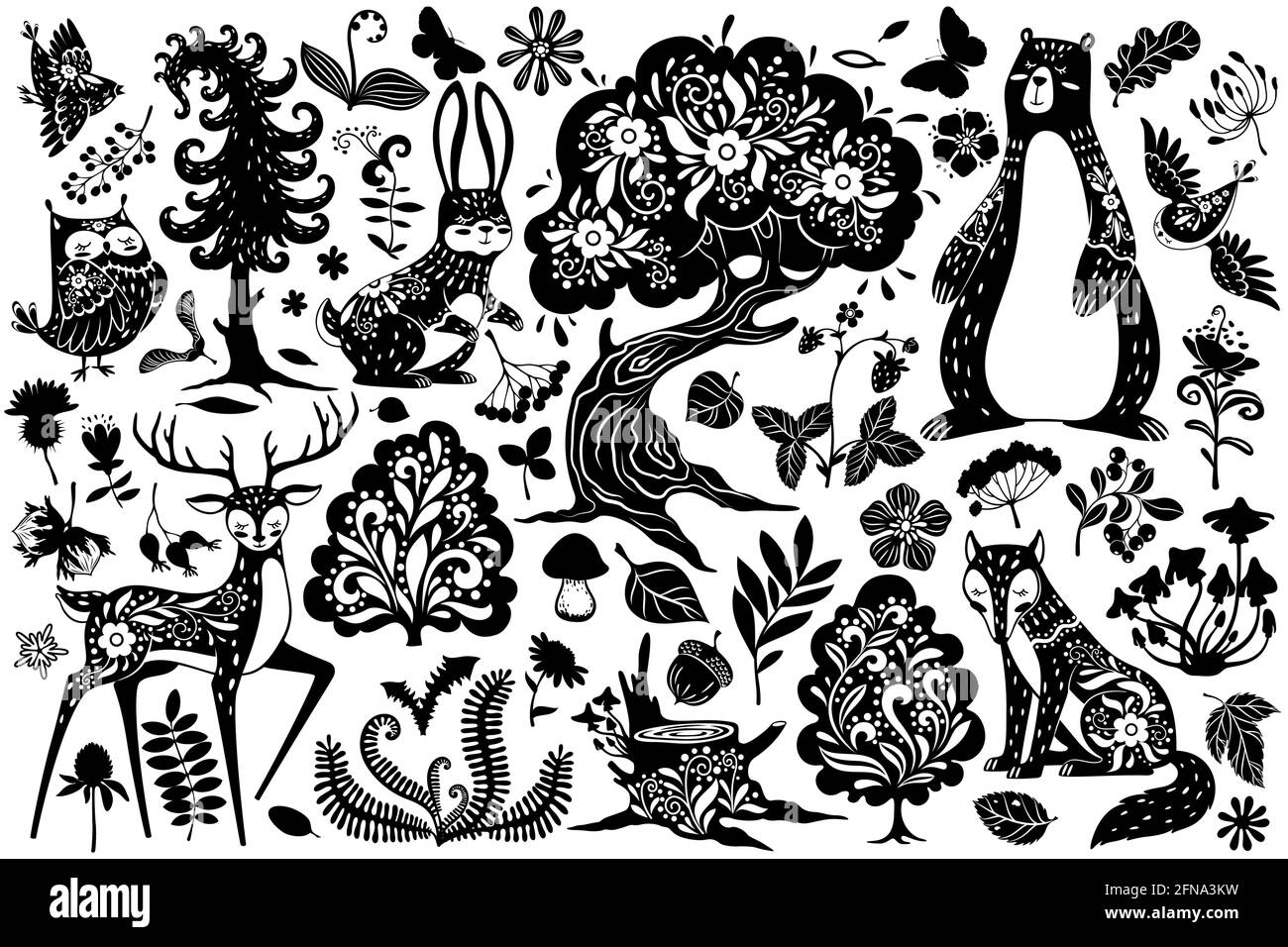 Éléments forestiers scandinaves. Cerf, lièvre et ours de style scandinave, hibou et renard, oiseau et chêne, champignons et feuilles, ensemble de vecteurs de fougère. Plantes et animaux avec ornement, flore et faune Illustration de Vecteur