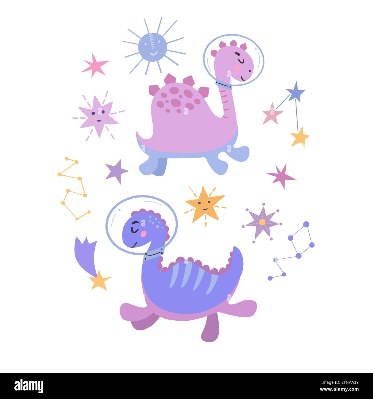 Image de dessins animés des dinosaures dans cosmos, graphiques vectoriels, sur un fond blanc. Pour la conception de cartes postales, affiches, imprimés pour t-shirts, mugs Illustration de Vecteur