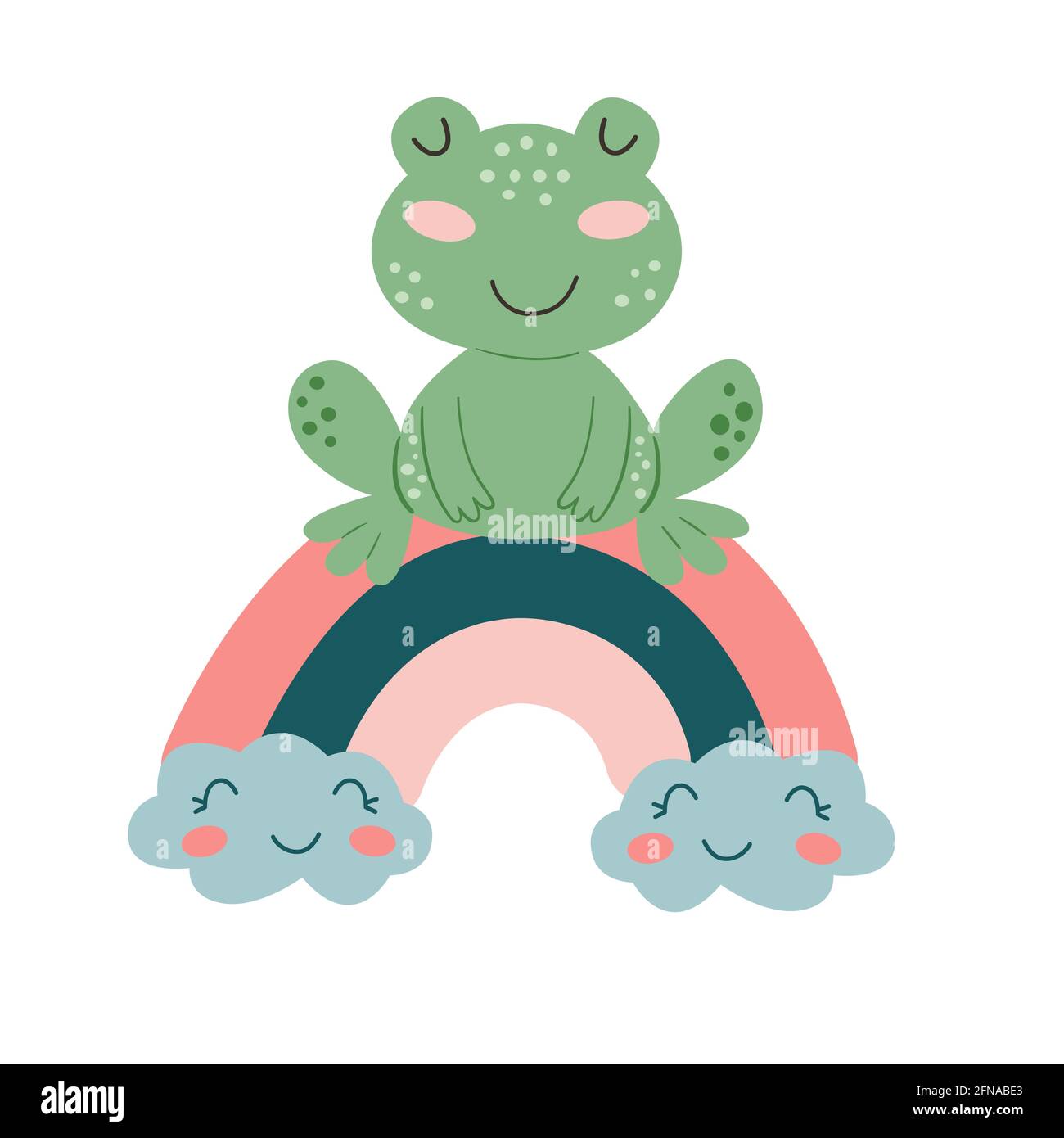 Image avec une jolie grenouille de dessin animé sur un arc-en-ciel coloré. Graphiques vectoriels sur fond blanc. Pour la conception d'affiches, de cartes postales, de couvertures d'ordinateur portable Illustration de Vecteur