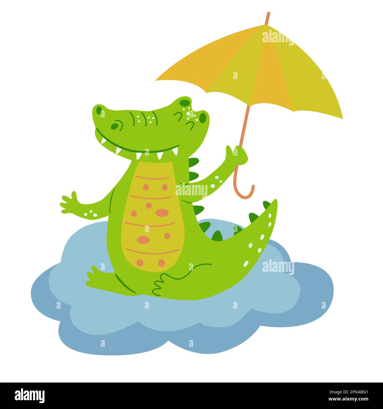 Image avec un adorable crocodile de dessin animé sur un nuage bleu. Graphiques vectoriels sur fond blanc. Pour la conception d'affiches, de cartes postales, de couvertures d'ordinateur portable Illustration de Vecteur