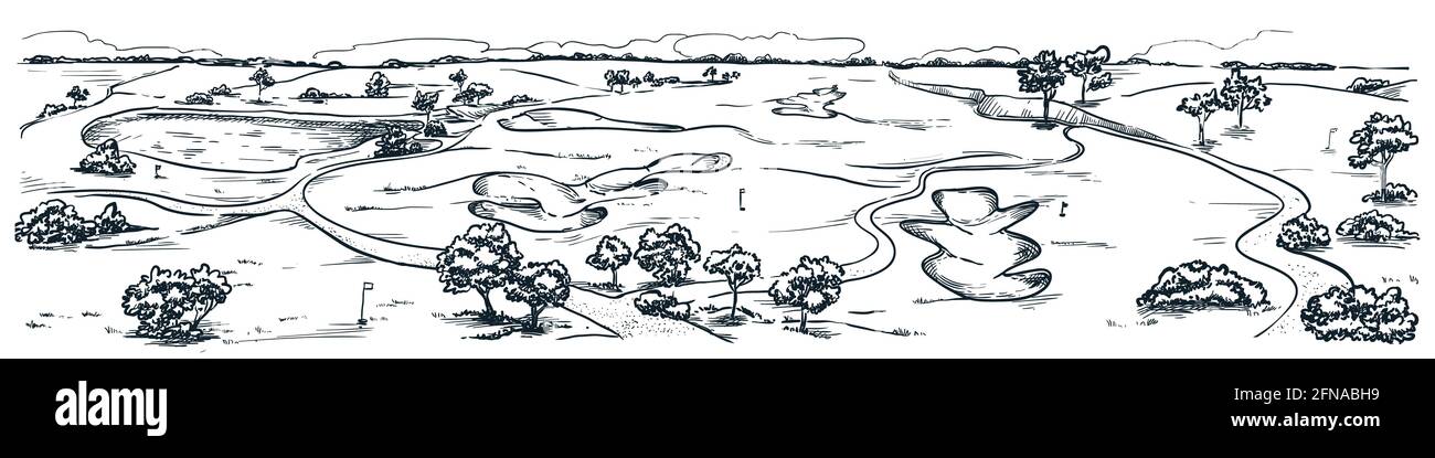 Parcours de golf avec des bunkers d'eau et de sable. Illustration d'esquisse vectorielle paysage d'été dessinée à la main. Parcours de golf sur gazon. Illustration de Vecteur