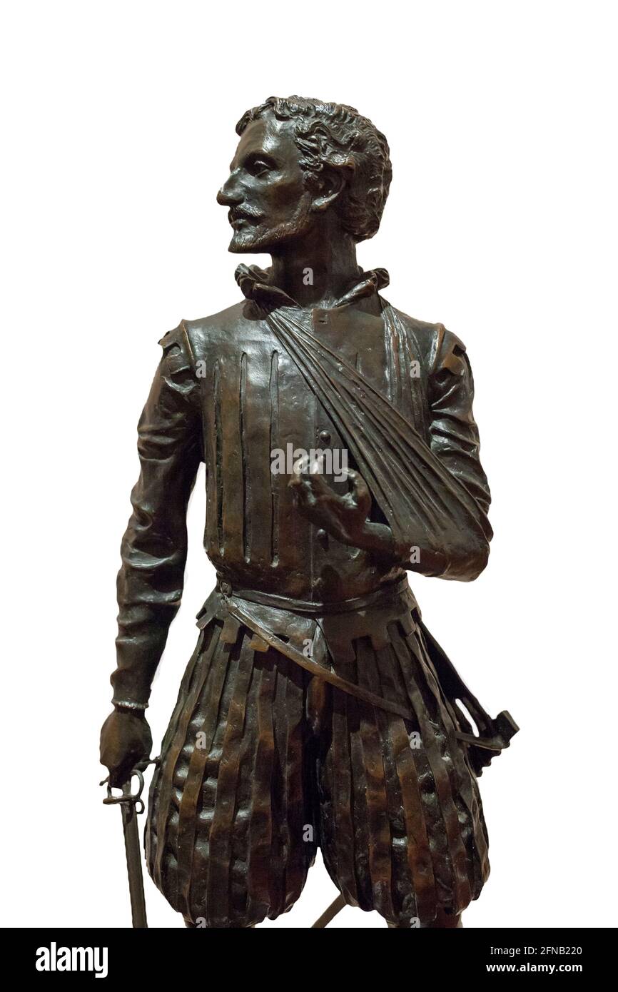 Miguel de Cervantes Saavedra statuette, représenté comme soldat de la bataille de Lepanto. Par Sergio Blanco, 1999. Museo Naval de Banque D'Images