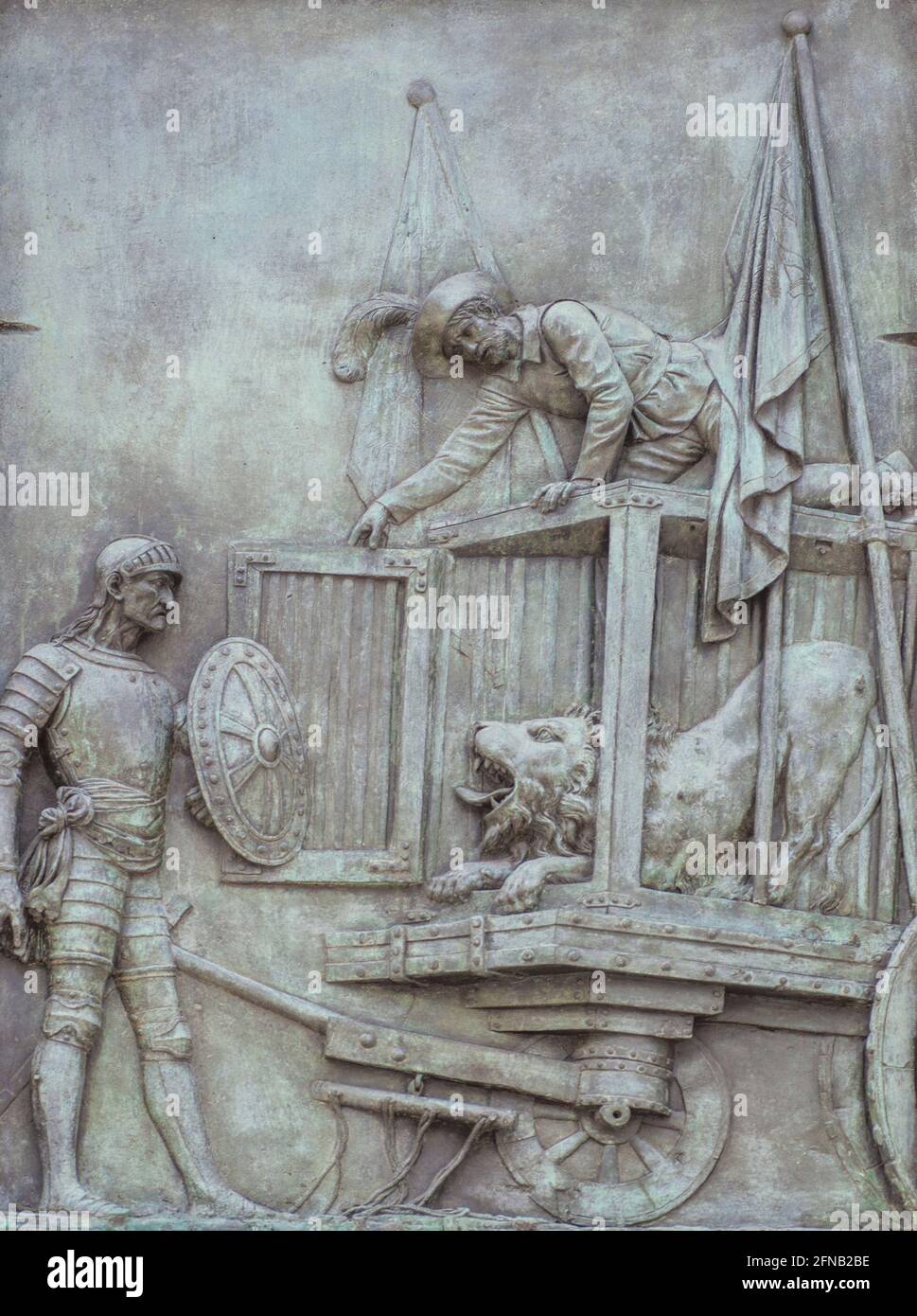 Espagne, Madrid - 6 mars 2021 : relief en bronze avec la scène Don Quichotte. Par Jose Piquer Duart, 1835. Aventure des lions. Miguel de Cervantes monumen Banque D'Images