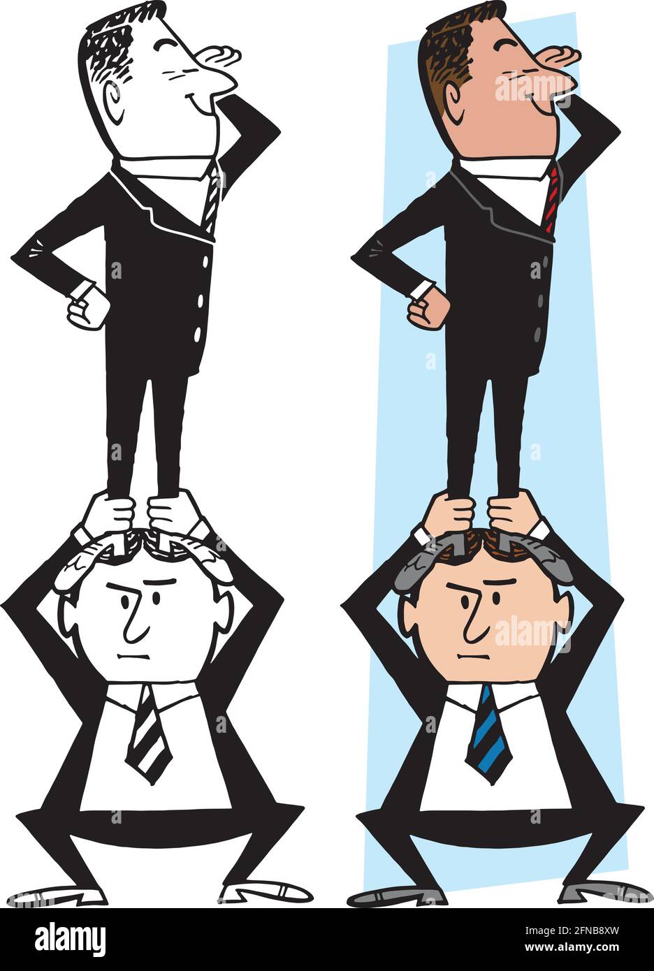 Un dessin animé rétro d'un homme d'affaires debout au-dessus d'un autre pour atteindre le succès. Illustration de Vecteur