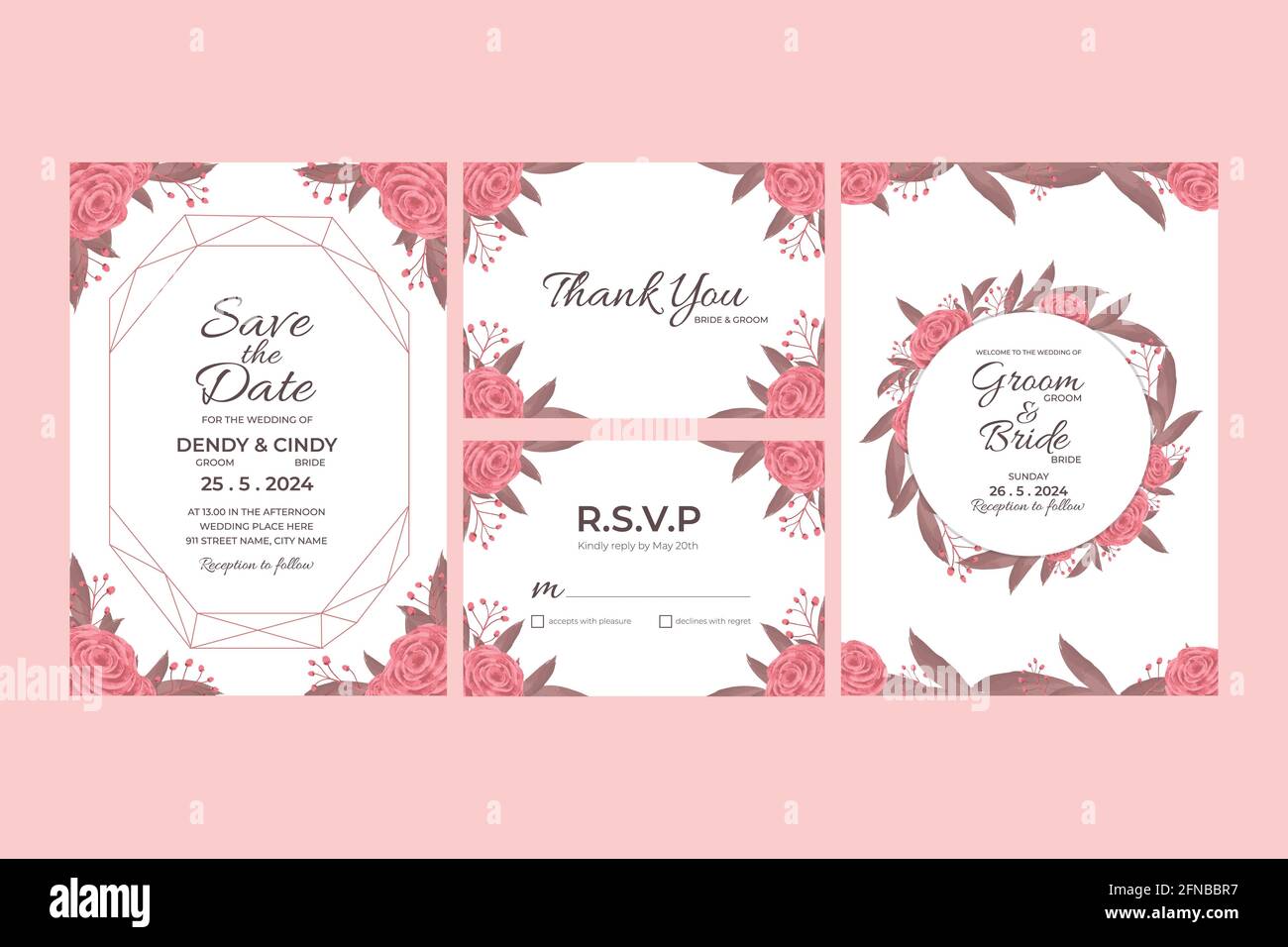 Modèle de carte d'invitation de mariage avec décorations florales aquarelle pour mariage, douche de mariée, douche de bébé, fête d'anniversaire et moment mémorable Illustration de Vecteur