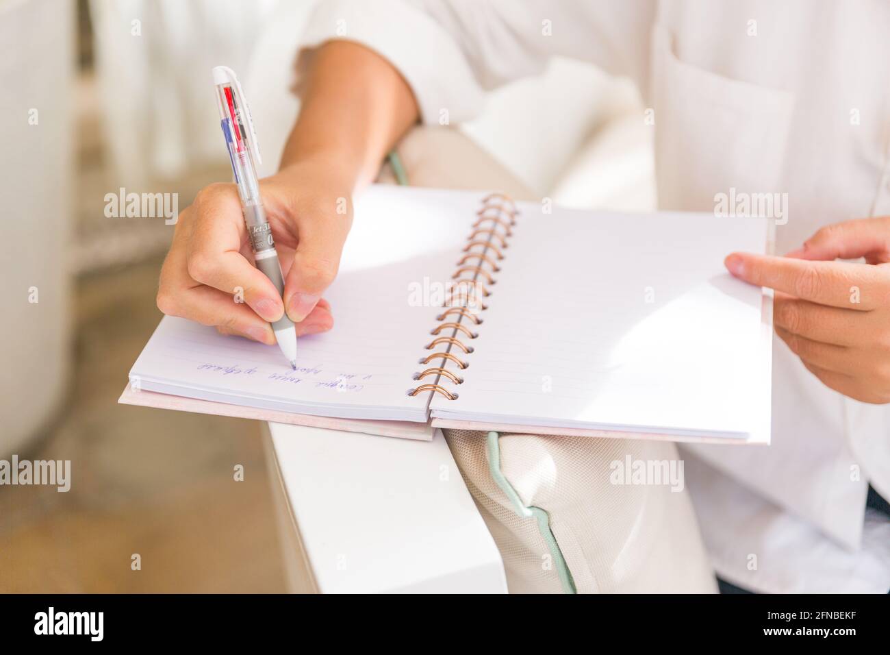 Femme d'affaires fait une note dans un ordinateur portable.Stylo à la main Banque D'Images