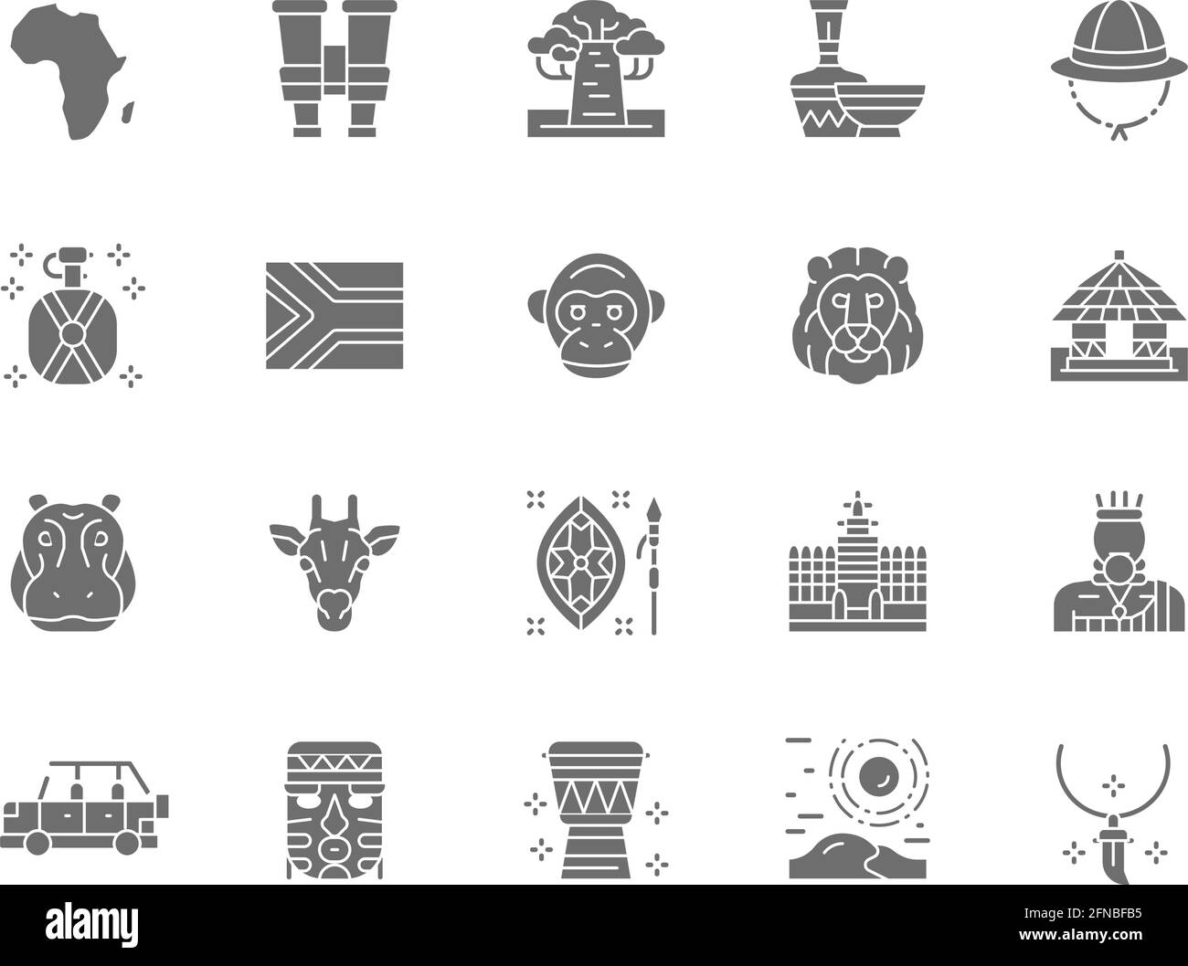 Ensemble d'icônes grises africaines. Pendentif de dent, jumelles, poterie, animaux et plus encore. Illustration de Vecteur