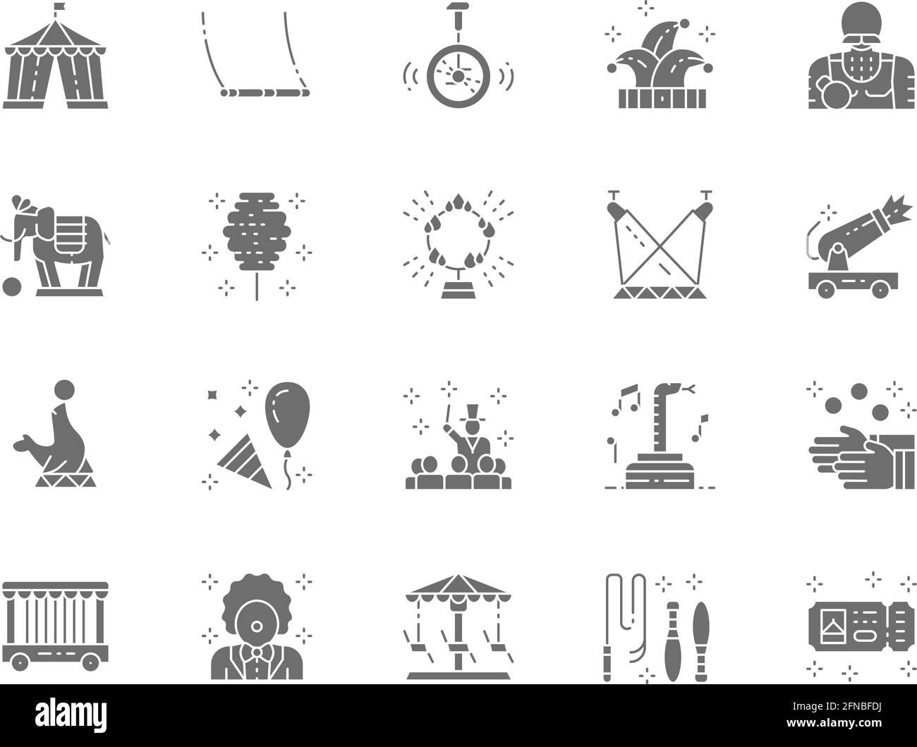 Ensemble d'icônes Circus Gray. Clown, Swing, Jester Hat, Elephant, Juggler et bien plus encore. Illustration de Vecteur