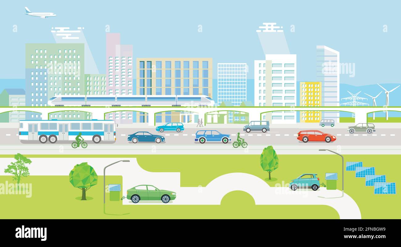 Ville écologique avec véhicules électriques et train de voyageurs Illustration de Vecteur Ville écologique avec véhicules électriques et train de voyageurs Illustration de Vecteur