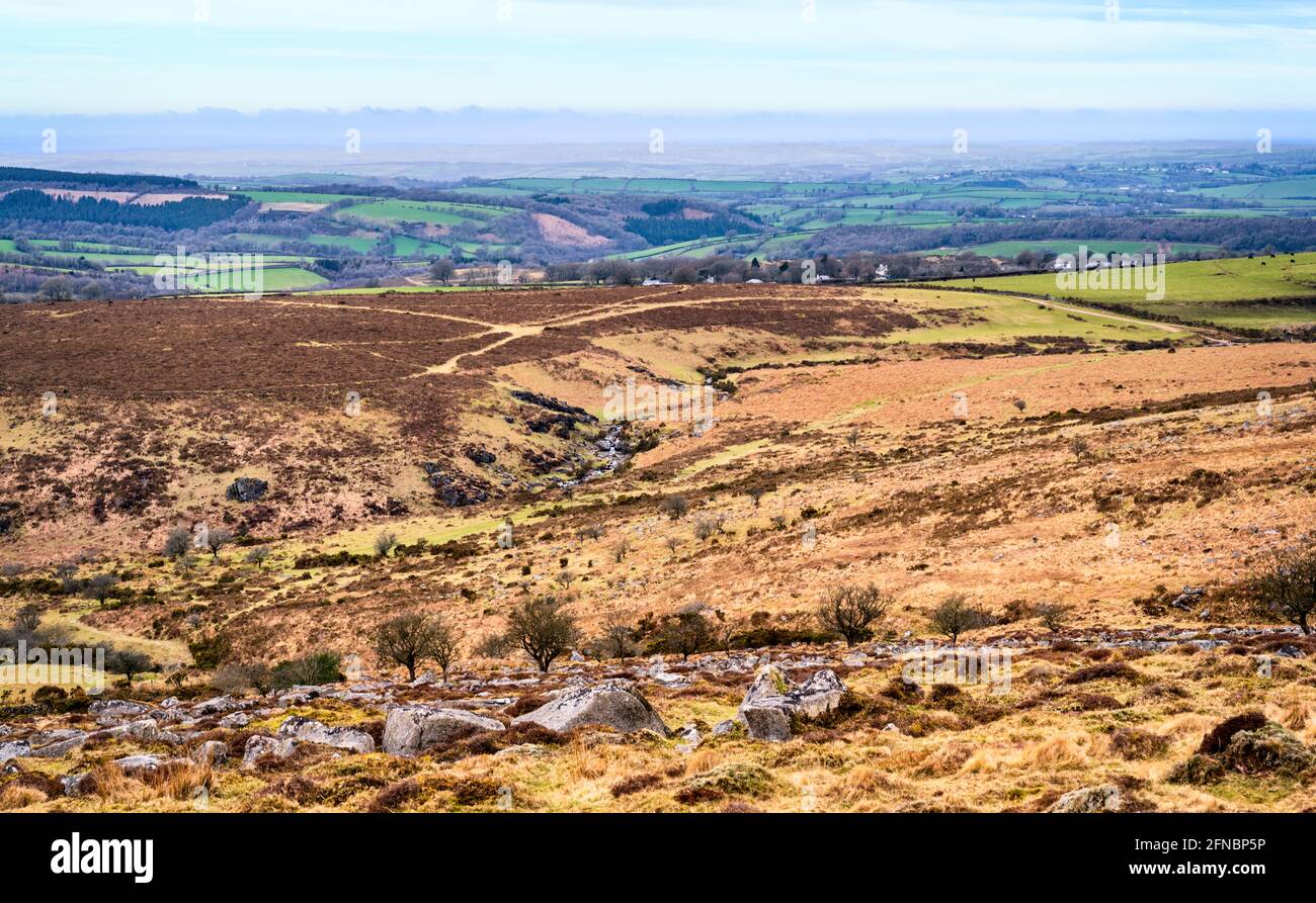 Vue sur le nord du Devon depuis Doe Tor, y compris la rivière Lyd et High Down, parc national de Dartmoor, Devon, Angleterre, Royaume-Uni Banque D'Images