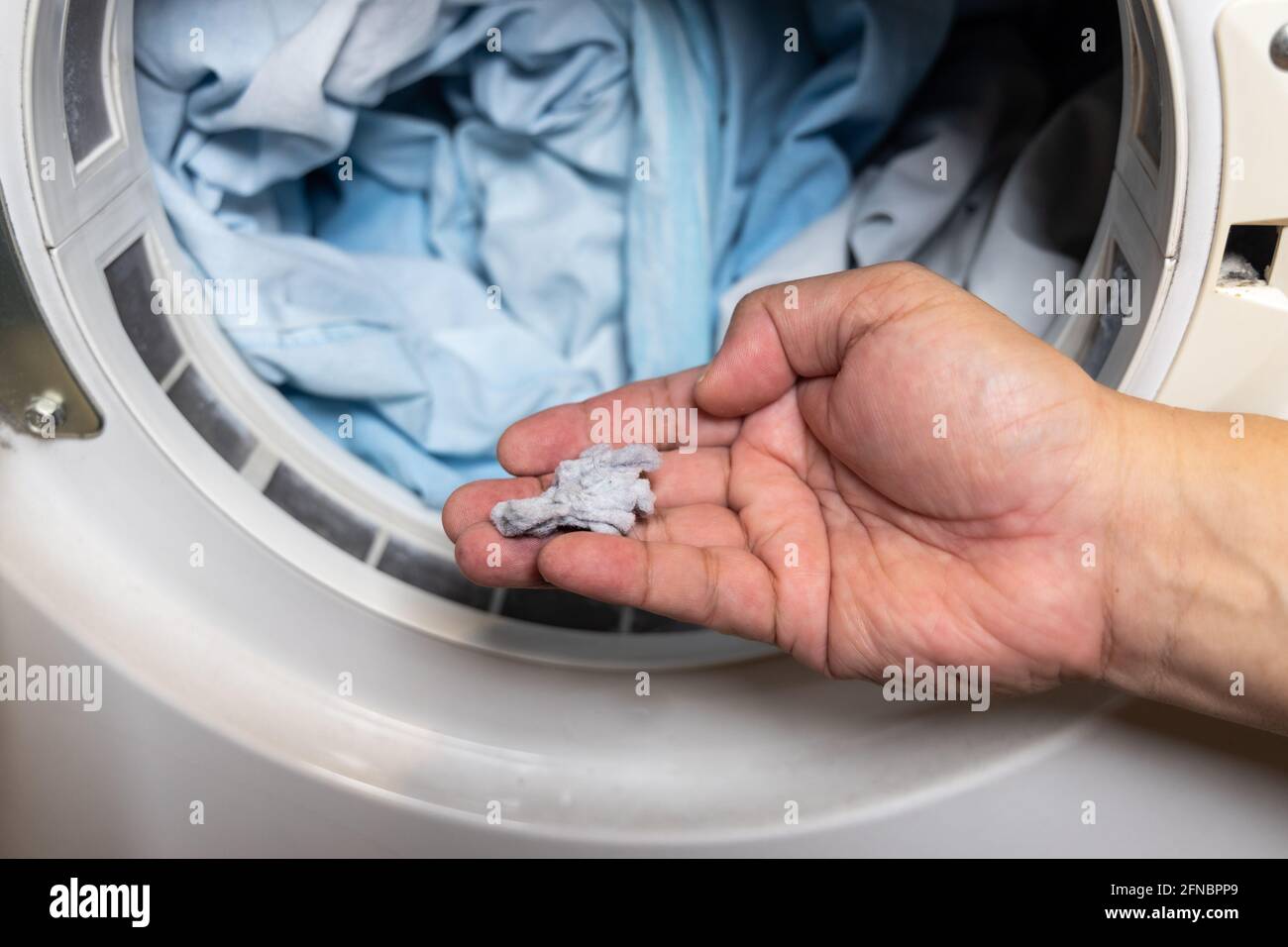 Main tenant les peluches retirées du filtre du sèche-linge Banque D'Images