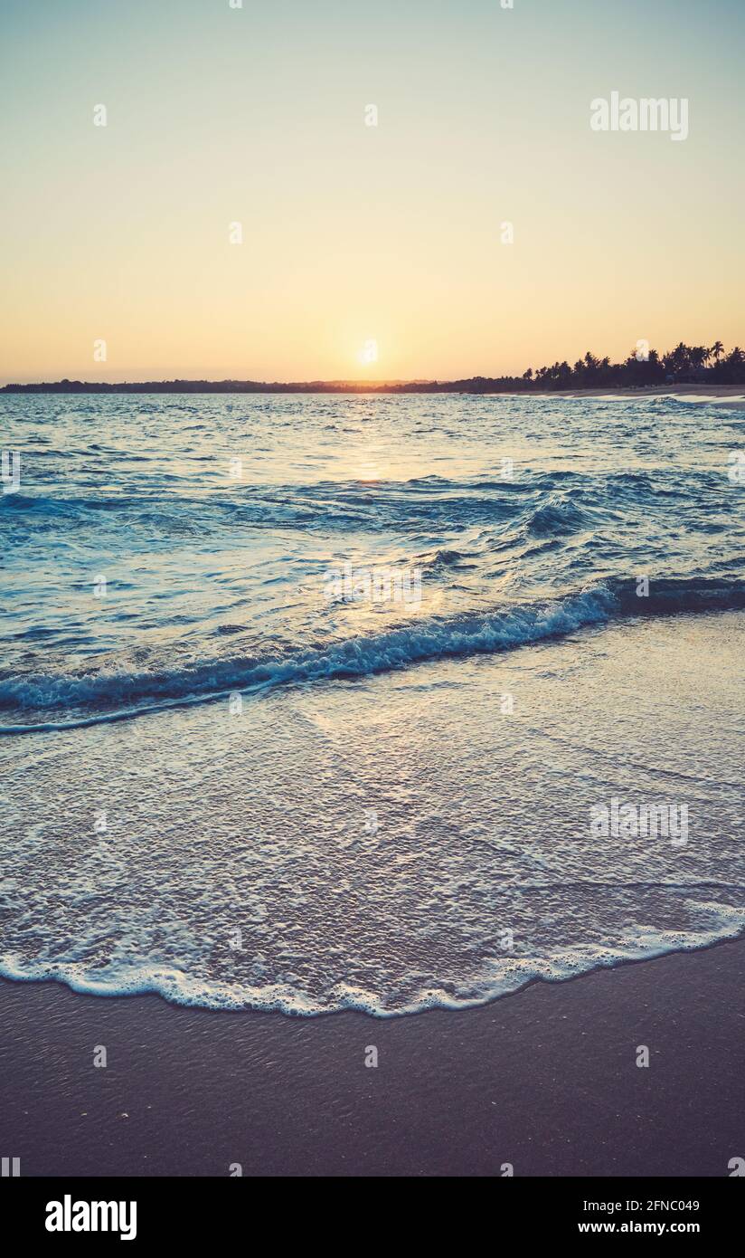 Image colorée d'une plage tropicale au coucher du soleil. Banque D'Images