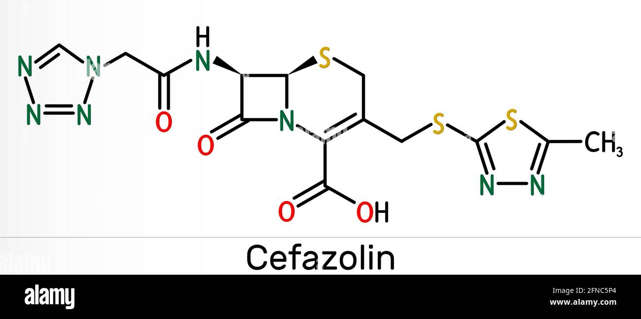 Cefazolin, cefazoline, molécule de cepazolin. Il s'agit de l'antibiotique bêta-lactame, céphalosporine de première génération. Formule chimique du squelette. Illustration Banque D'Images