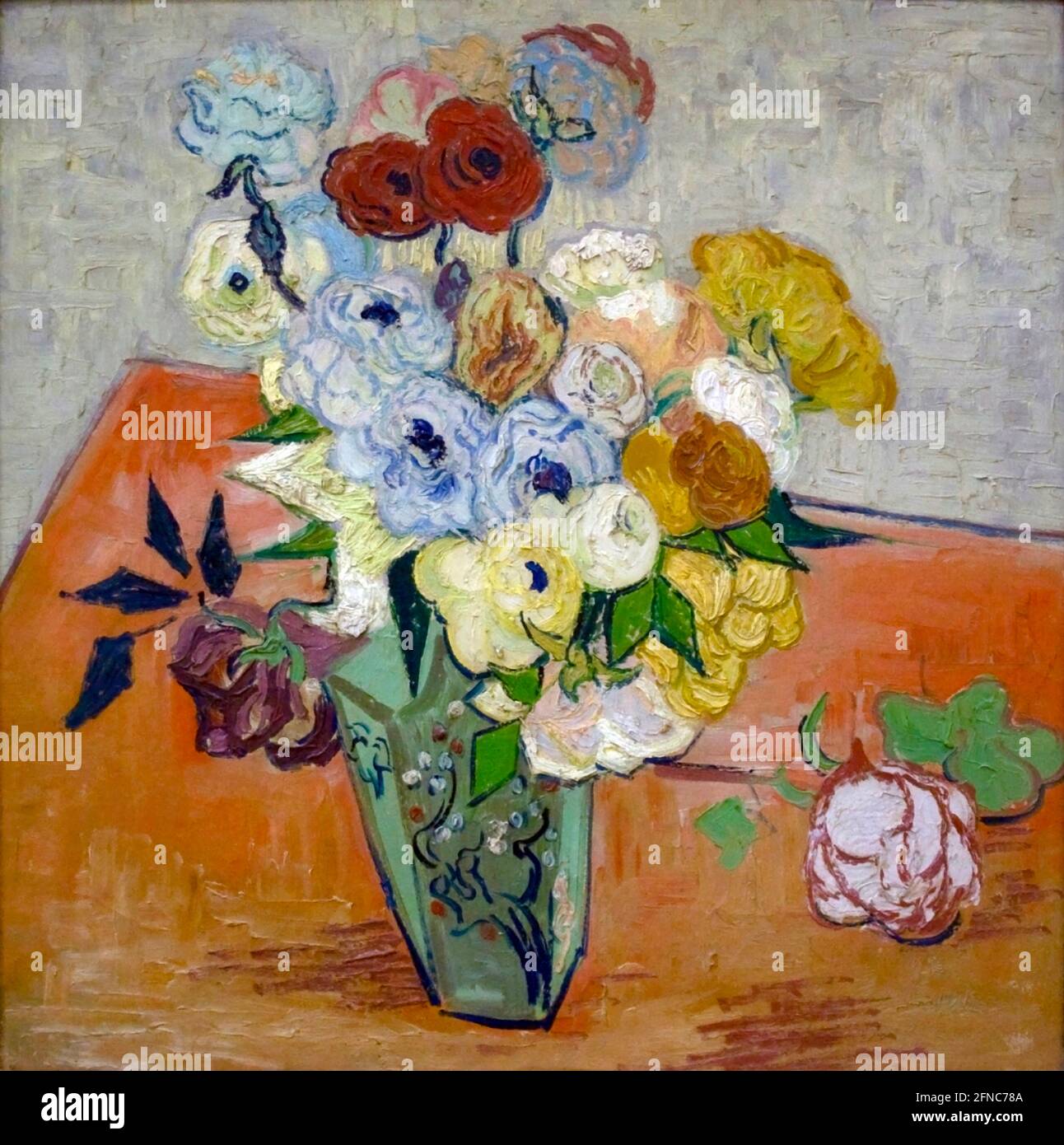 Œuvre d'art de Vincent van Gogh - vase japonais avec roses et anenomes. Peint à Auvers-sur-Oise, France. Vase fleuri vibrant. Banque D'Images