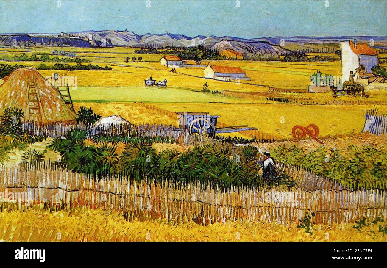 Œuvre d'art de Vincent van Gogh - Paysage de récolte avec Blue Cart Banque D'Images