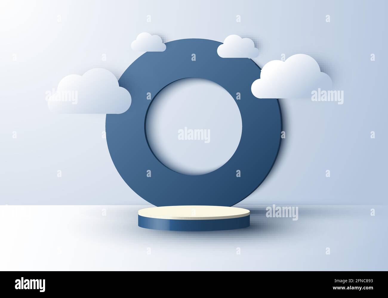 3D réaliste résumé scène minimale formes géométriques cercle toile de fond et vide podium affichage avec nuage sur fond bleu ciel. Conception du produit p Illustration de Vecteur