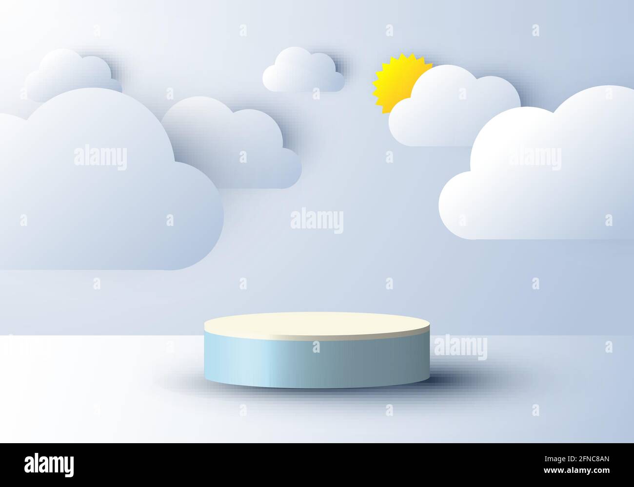 3D réaliste résumé scène minimale vide podium affichage avec le style de coupe de nuages et de papier solaire sur fond bleu ciel. Conception pour la présentation du produit, m Illustration de Vecteur