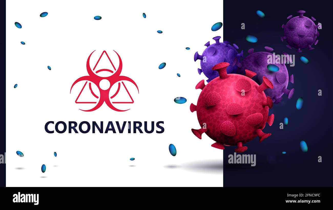 Fond blanc et bleu avec des molécules de coronavirus colorées et un triangle d'avertissement de danger biologique. Signe du coronavirus COVID-2019 avec mole 3D Banque D'Images