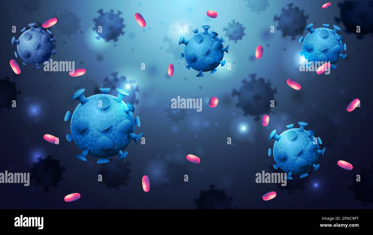 Fond bleu avec molécules de coronavirus bleues. Coronavirus COVID-2019 avec molécules 3D. Fond de coronavirus dans un design moderne avec espace de copie Banque D'Images