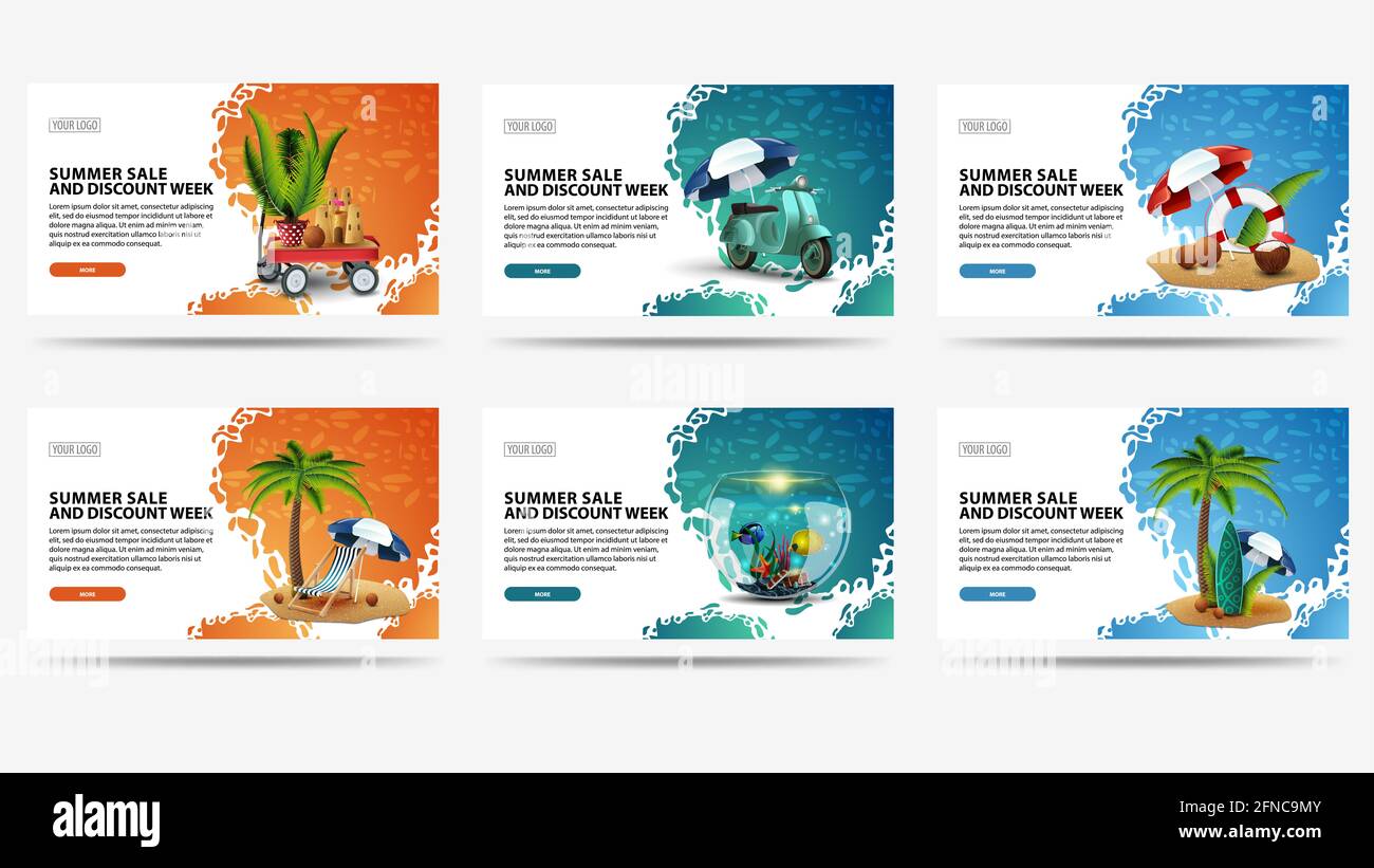 Soldes d'été et semaine de rabais, grand ensemble moderne blanc bannières de rabais avec des icônes d'été pour votre site Web. Collection de bannières de réduction d'été isola Banque D'Images