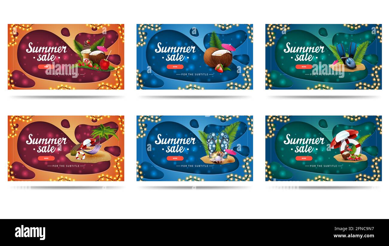 Soldes d'été, bannières de réduction orange, bleu et vert avec icônes d'été, cadre de guirlandes et boutons en style de coupe de papier pour votre site Web. Banque D'Images