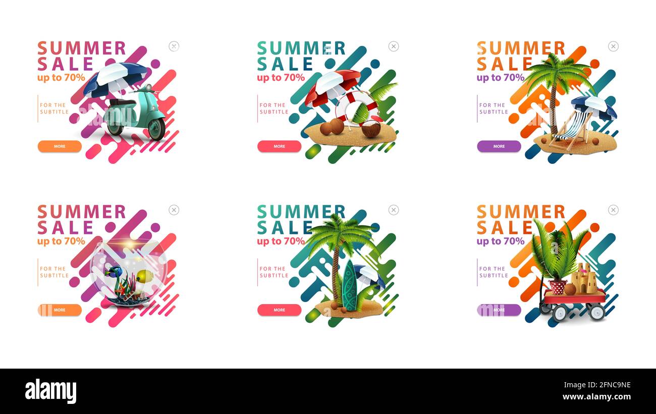 Soldes d'été, jusqu'à 70 de réduction, grande collection de bannières pop up cliquables dans le style moderne liquide pour votre site Web avec des icônes d'été, liquide lisse coloré Banque D'Images