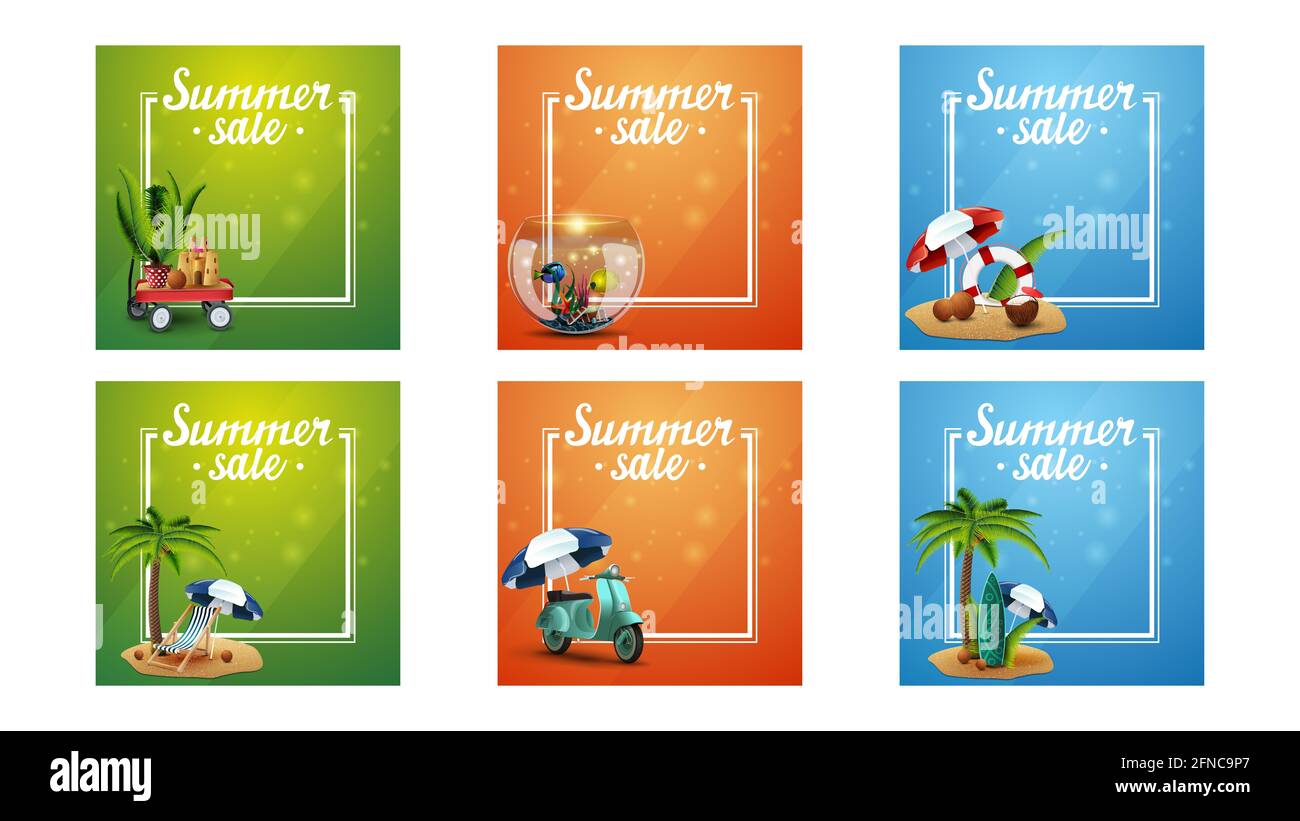 Solde d'été, modèle de rabais carré pour vos arts avec cadre de ligne et icônes d'été. Collection verte, orange et bleue de remises sur les places d'été Banque D'Images
