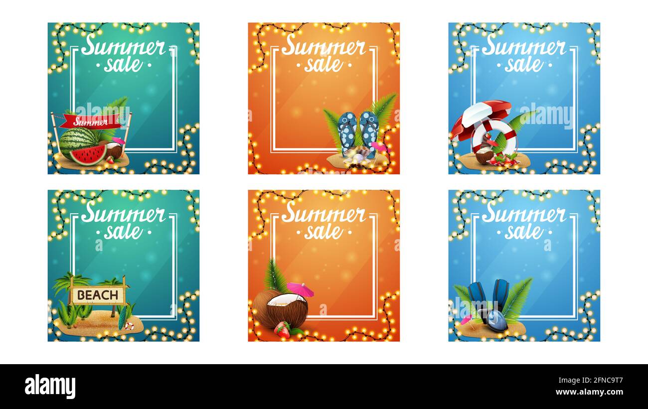 Soldes d'été, modèle de remise pour votre entreprise avec cadre de ligne, guirlande et icônes d'été. Collection verte, orange et bleue de la place d'été vierge d Banque D'Images