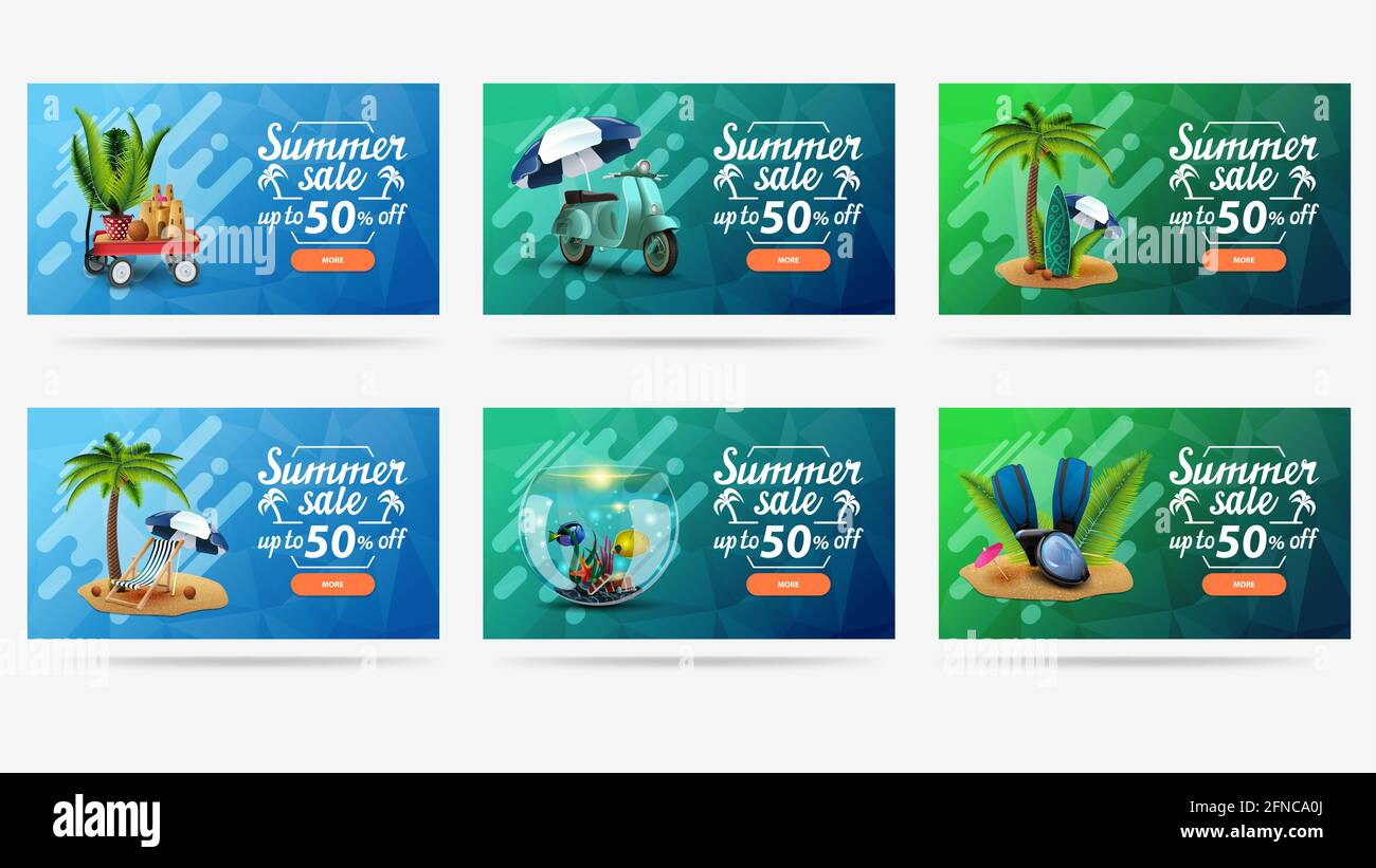 Soldes d'été, jusqu'à 50 de rabais, bannière web colorée et lumineuse pour votre site Web avec icônes d'été, lettres et boutons. Modèle bleu et vert avec liquide Banque D'Images