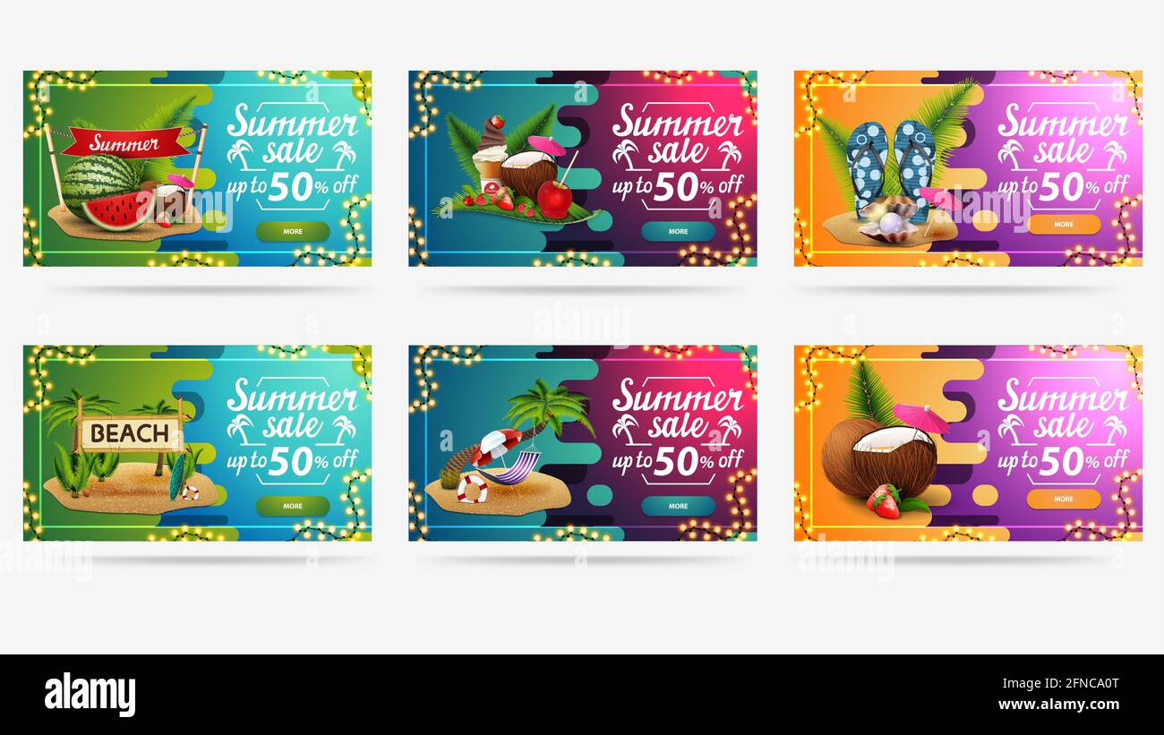 Soldes d'été, jusqu'à 50 de réduction, bannières Web lumineuses colorées avec style liquide, boutons, cadre de guirlandes et illustrations d'été pour votre websit Banque D'Images
