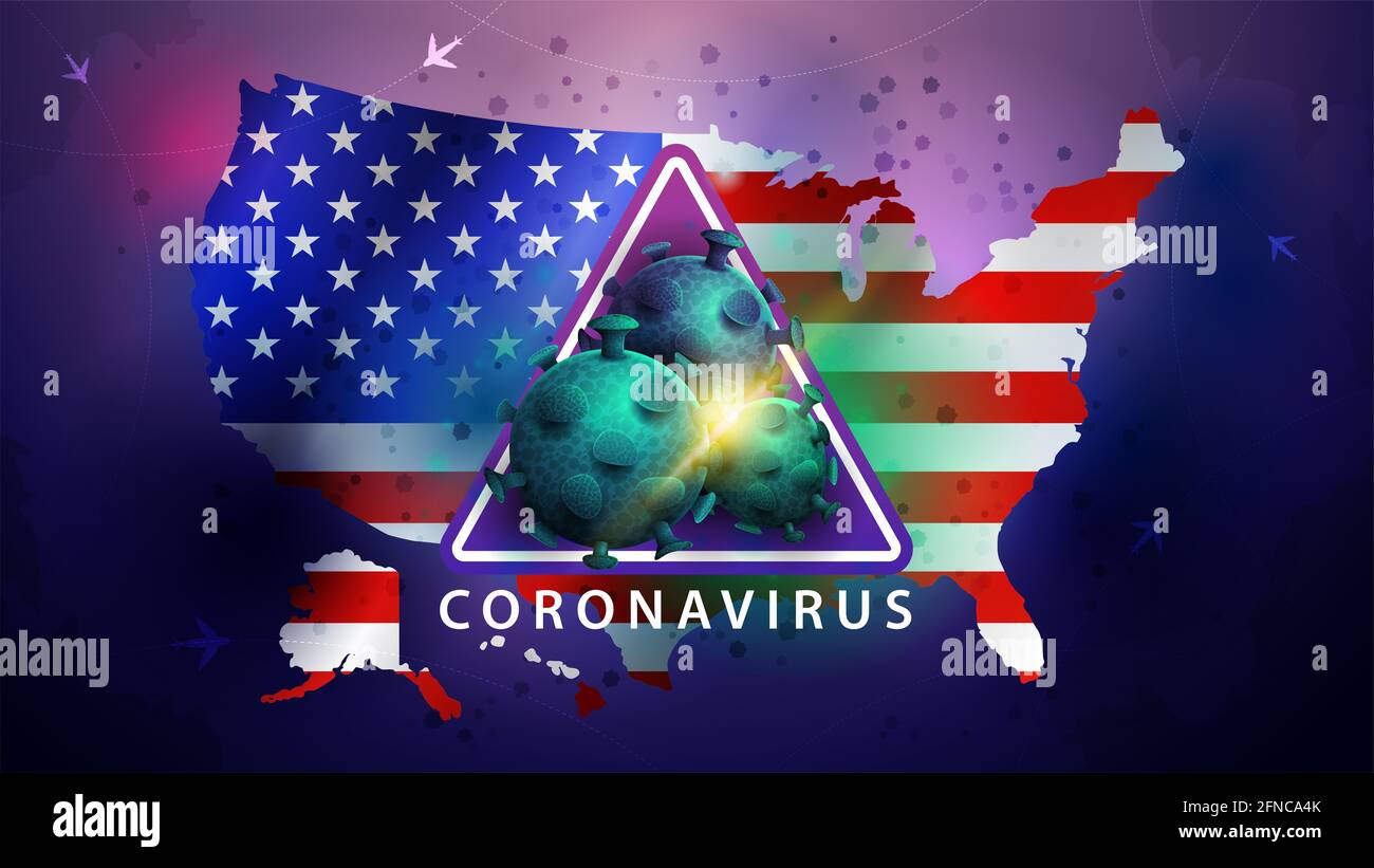 Carte des Etats-Unis d'Amérique aux couleurs du drapeau américain avec un panneau d'avertissement. Coronavirus des Etats-Unis, bannière, affiche dans un styl moderne lumineux Banque D'Images