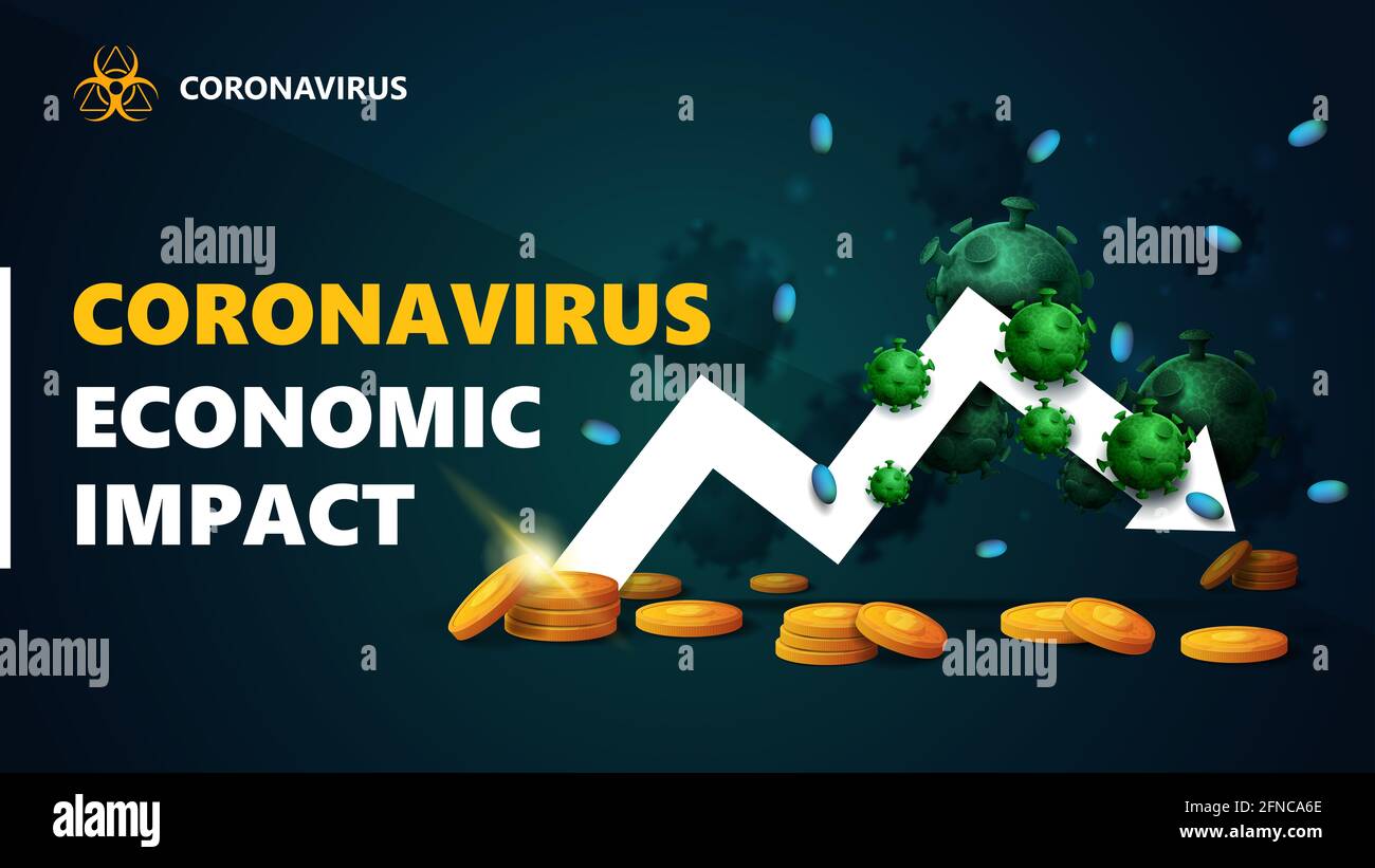 Impact économique du coronavirus, bannière noire et verte avec flèche blanche graphique économique avec pièces d'or autour et entouré de molécules du coronavirus. Banque D'Images