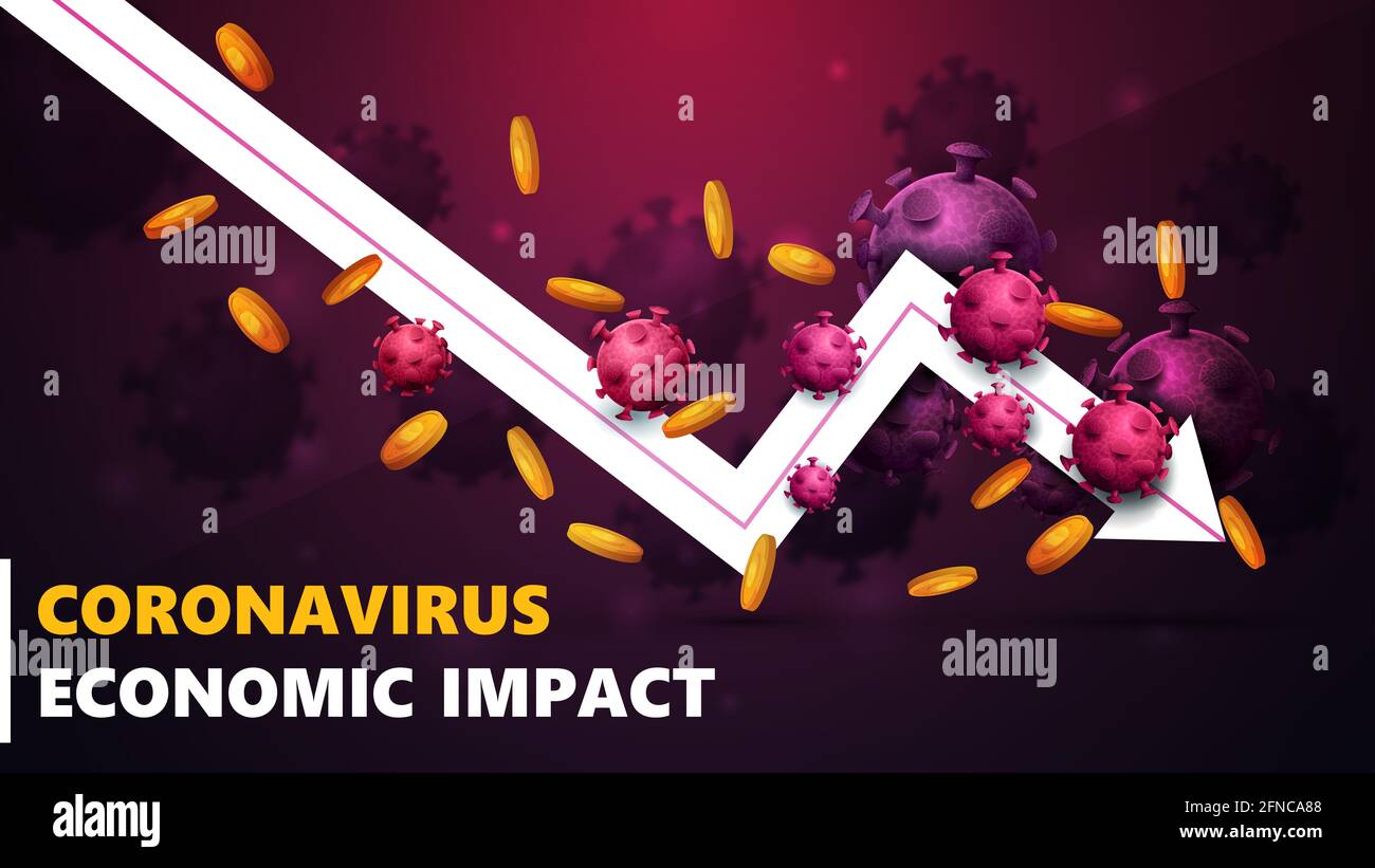 Impact économique du coronavirus, bannière noire et rose avec flèche blanche un graphique économique en baisse avec des pièces d'or autour et entouré par le coronavirus mol Banque D'Images