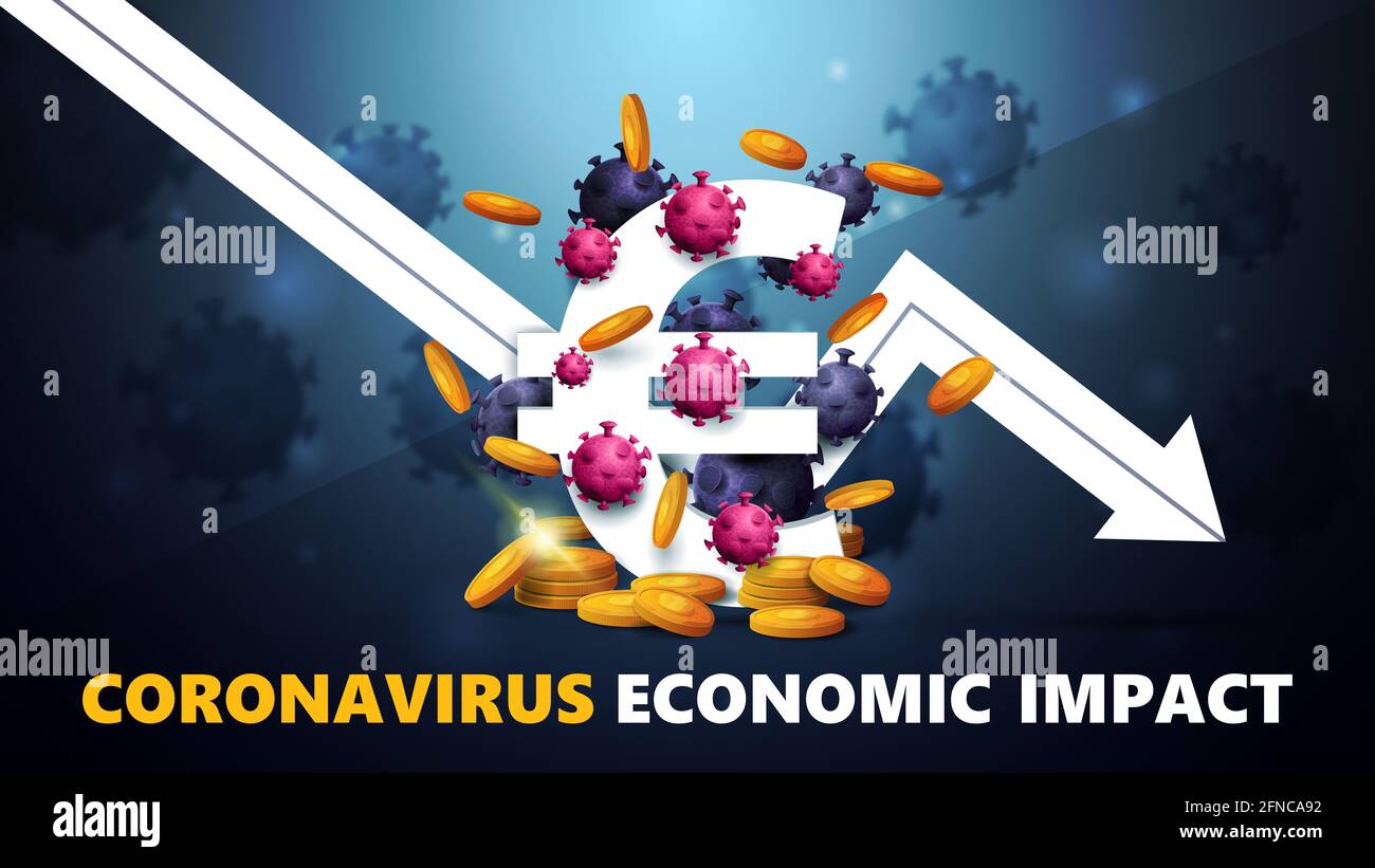 Impact économique du coronavirus, bannière noire et bleue avec un signe d'euro blanc tridimensionnel avec des pièces d'or autour, entouré de molécules du coronavirus Banque D'Images