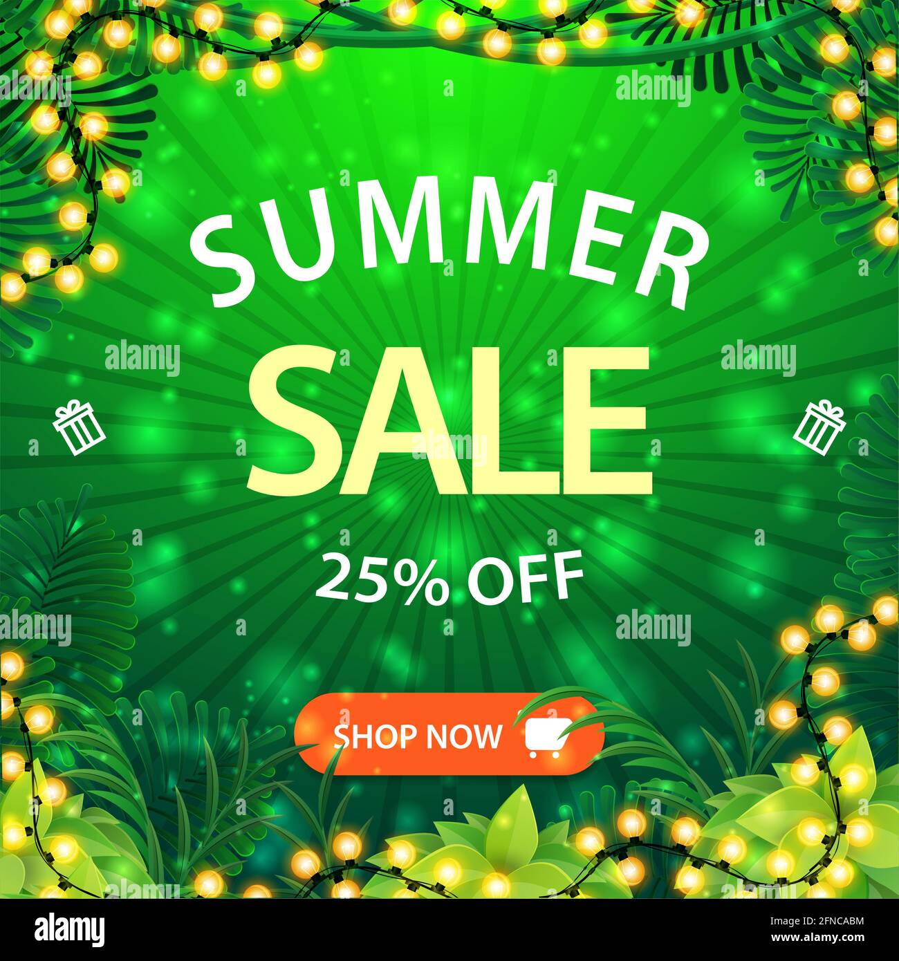 Soldes d'été, jusqu'à 25 rabais, bannière Web de remise carrée verte avec cadre de jungle tropicale, grande offre, bouton et cadre de guirlande lumineuse Banque D'Images