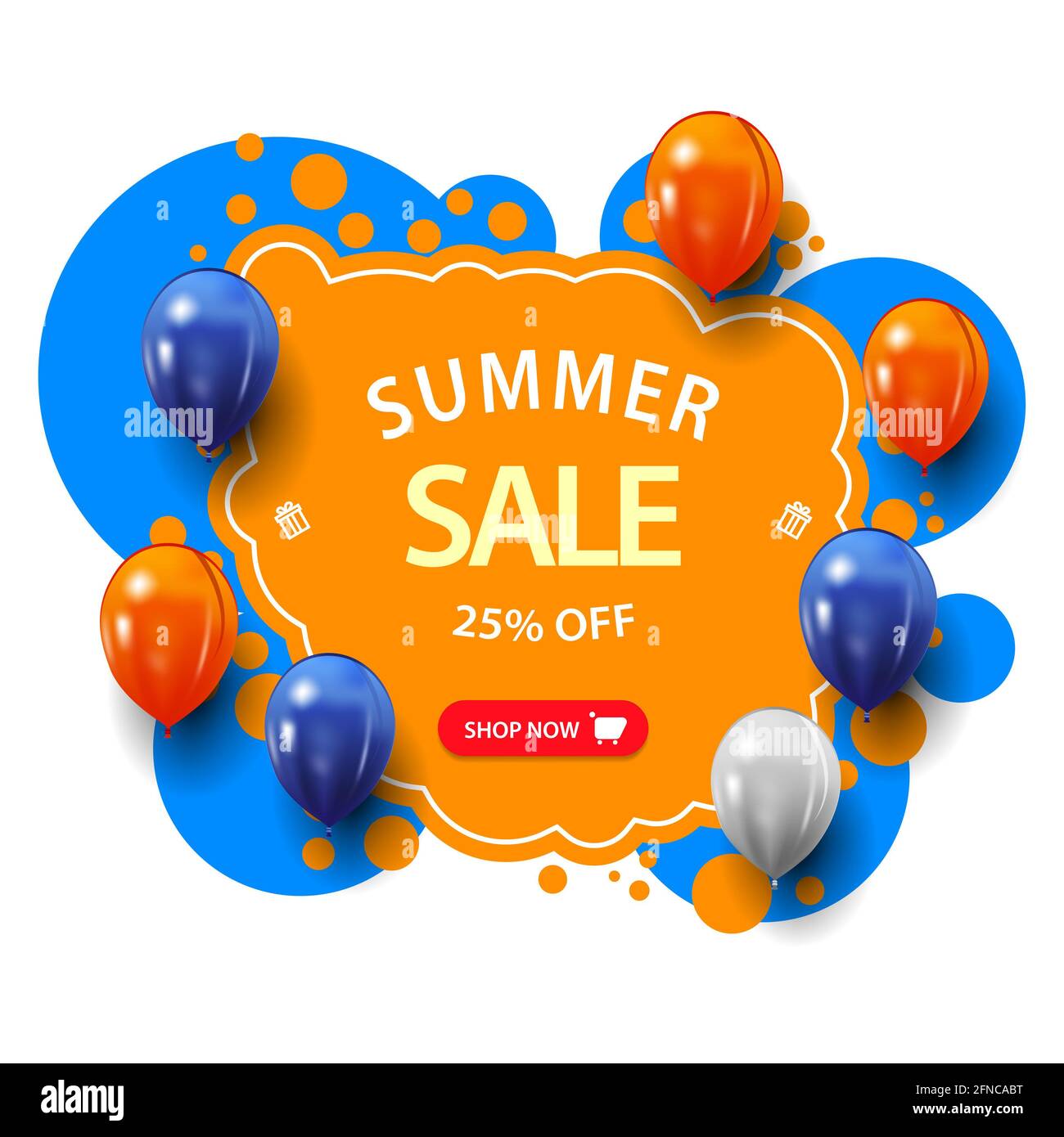 Soldes d'été, jusqu'à 25 rabais, bannière Web bleue et orange avec grande offre, bouton et ballons dans le style graffiti Banque D'Images