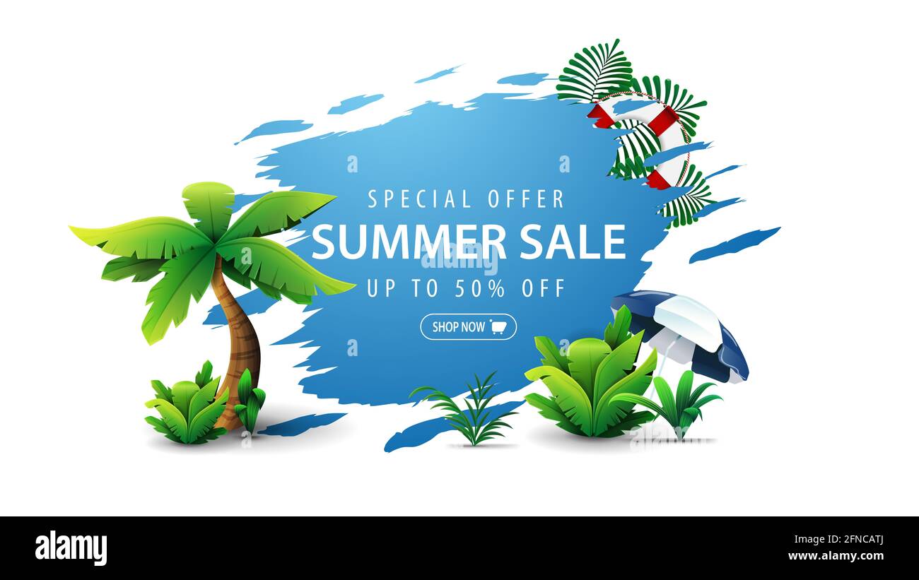 Offre spéciale, solde d'été, jusqu'à 50 rabais, bannière Web blanche et bleue avec forme abstraite avec bords irréguliers et éléments tropicaux. Discothèque d'été Banque D'Images