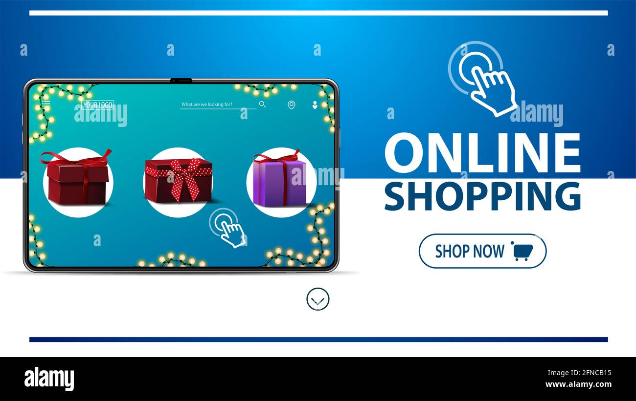 Shopping en ligne, bannière moderne blanche et bleue avec grand titre, bouton et tablette grand volume avec boîtes de cadeaux à l'écran Banque D'Images