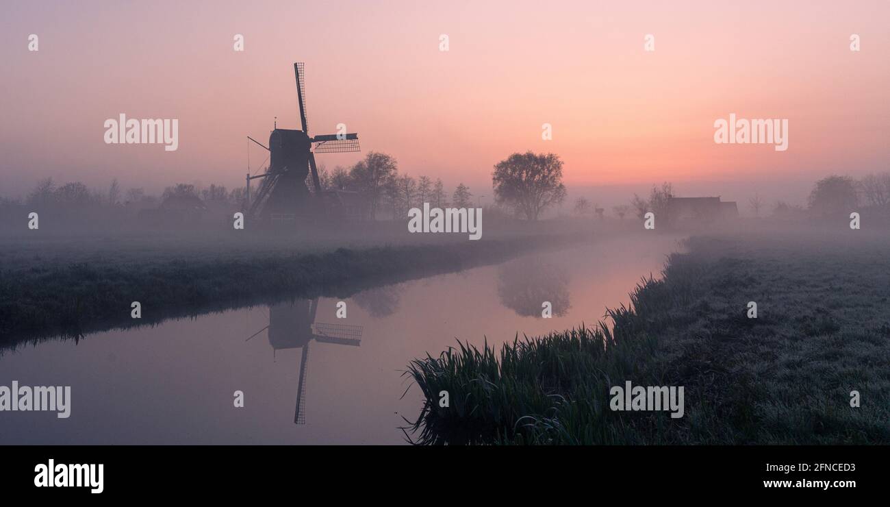 Lever de soleil au-dessus d'un paysage hollandais dans la brume avec le moulin à vent Le 'Westveense Molen' dans le coeur vert de la Hollande Banque D'Images