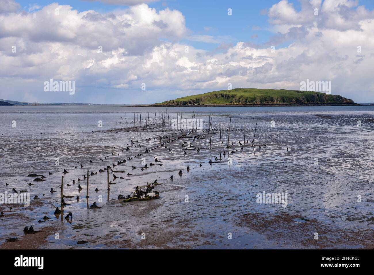 Vieux filets de pêche au saumon dans la baie de Balcary, près d'Auchencairn, en Écosse Banque D'Images