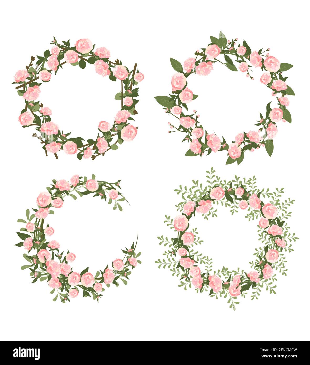 Ensemble couronne de pivoines. Cadre rond, jolies fleurs roses et feuilles. Décorations de fête pour mariage, vacances, carte postale, poster et design Illustration de Vecteur