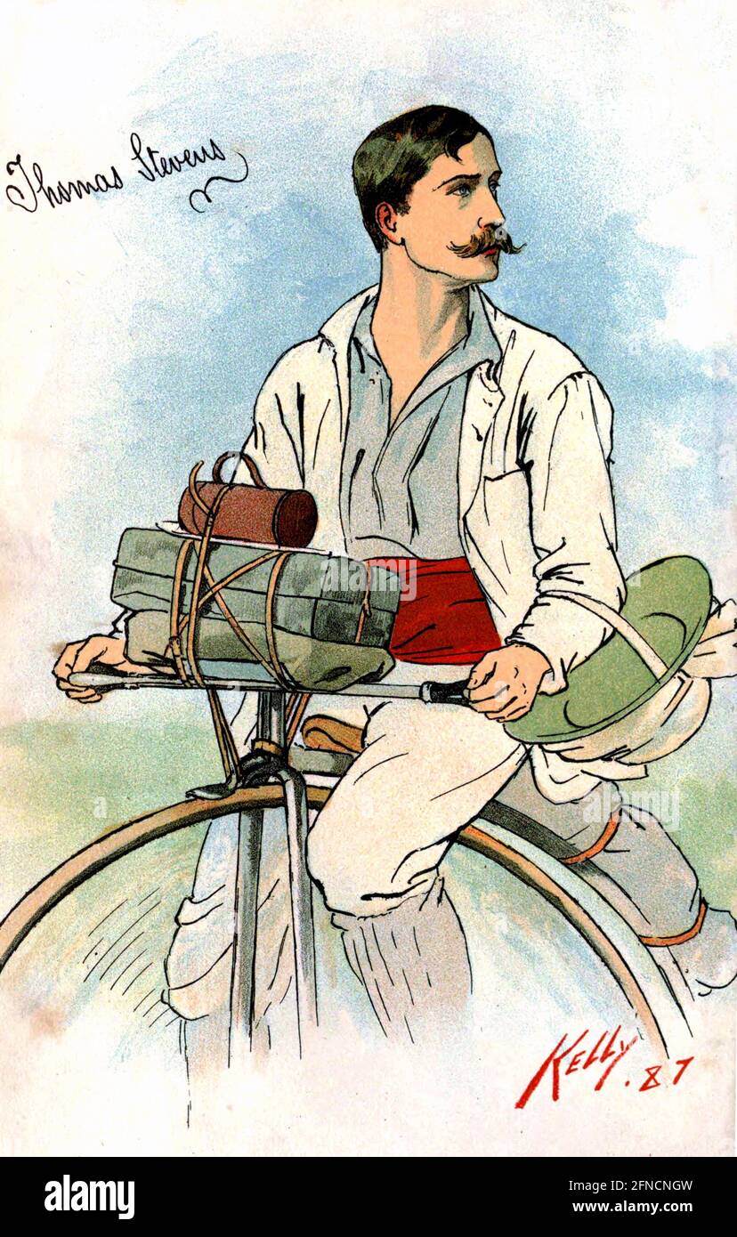 Thomas Stevens. Illustration de 'autour du monde sur un vélo' (1887) par Thomas Stevens (1854-1935). Stevens a été le premier homme à faire le tour du monde sur un vélo. Banque D'Images