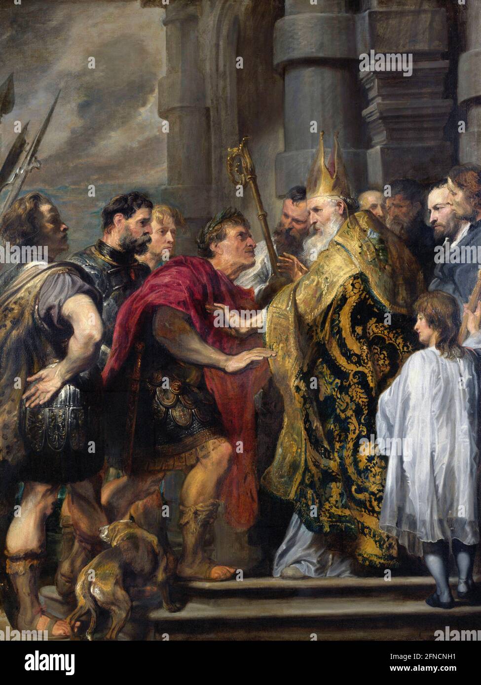 Theodosius I. St Anthony à l'exception de Theodosius de la cathédrale de Milan par Anthony van Dyck (1599–1641), huile sur toile, 1619/20 Banque D'Images