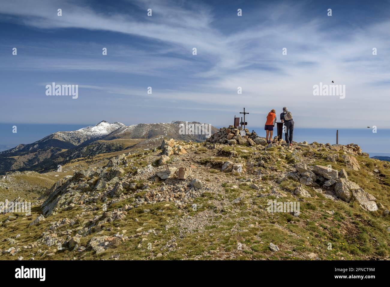 Vue sur le sommet de Costabona en automne, vue sur le massif du Canigou, dans les Pyrénées orientales (Pyrénées Orientales, Occitanie, France) Banque D'Images
