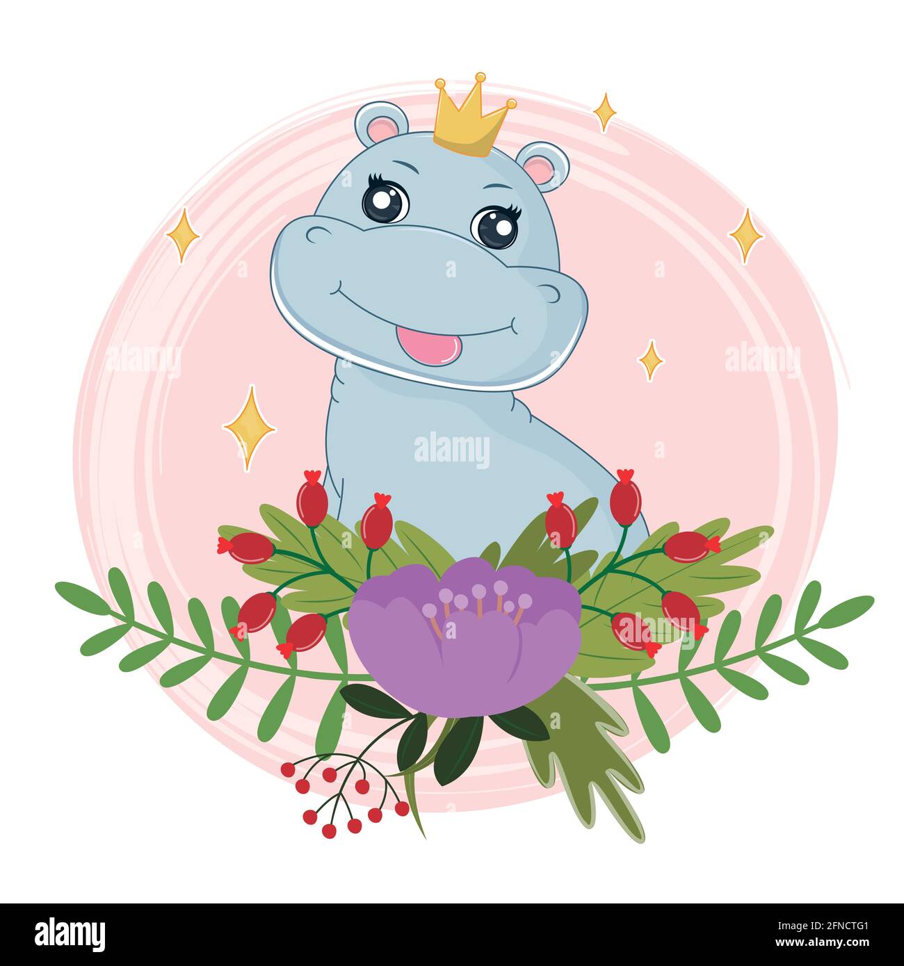Mignon dessin animé hippo avec fleurs décoration naturelle . Carte de vœux. Illustration de Vecteur