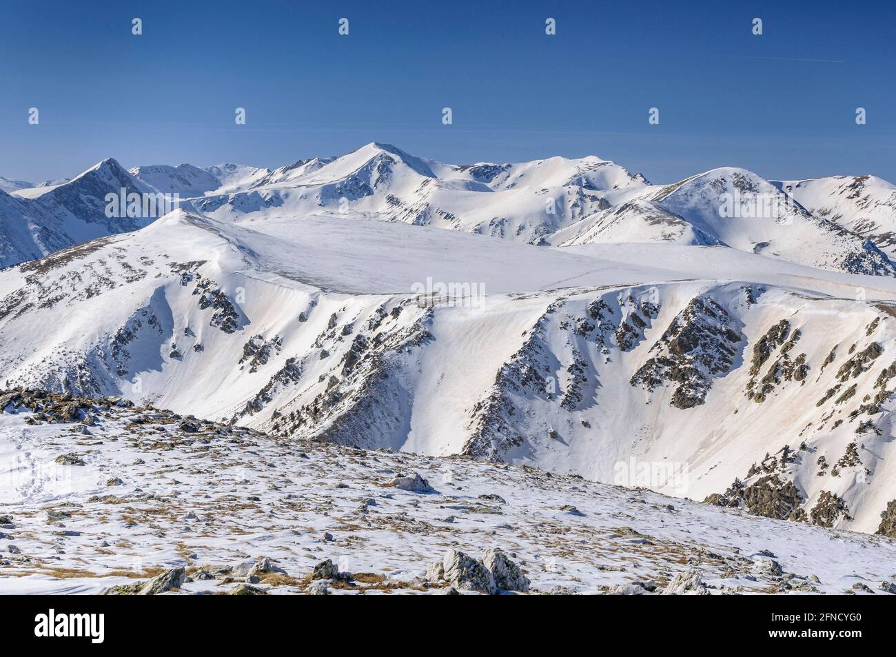 Vue sur le sommet de Roca Colom en hiver, vue sur la région de Vallter et Bastimants, dans les Pyrénées orientales (Ripollès, Catalogne, Espagne) Banque D'Images