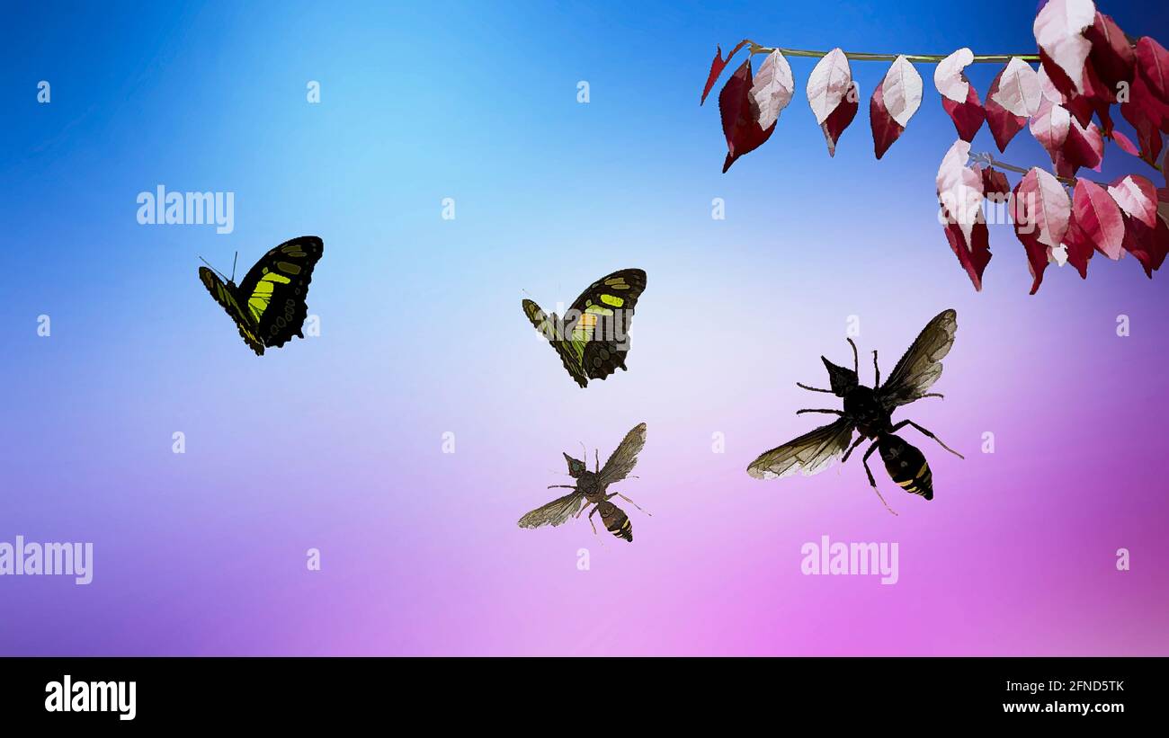 Illustration d'insectes volant dans l'air sous des brindilles saillantes Banque D'Images